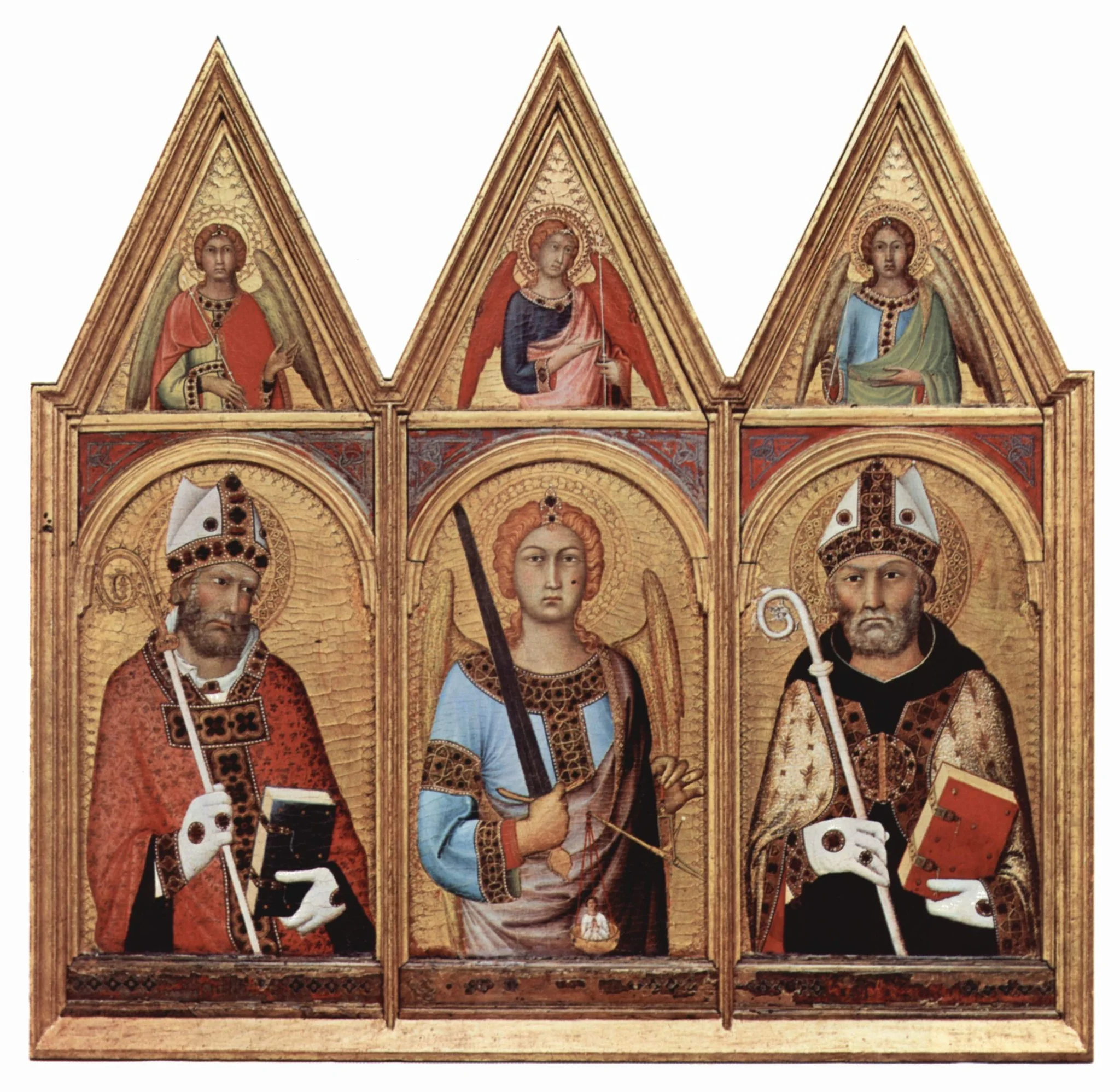 Cambridge altar retable. Scene: three saints with angels, from left: S. Geminianus, S. Michael, S. Augustinus, by Simone Martini, tempera, 1319