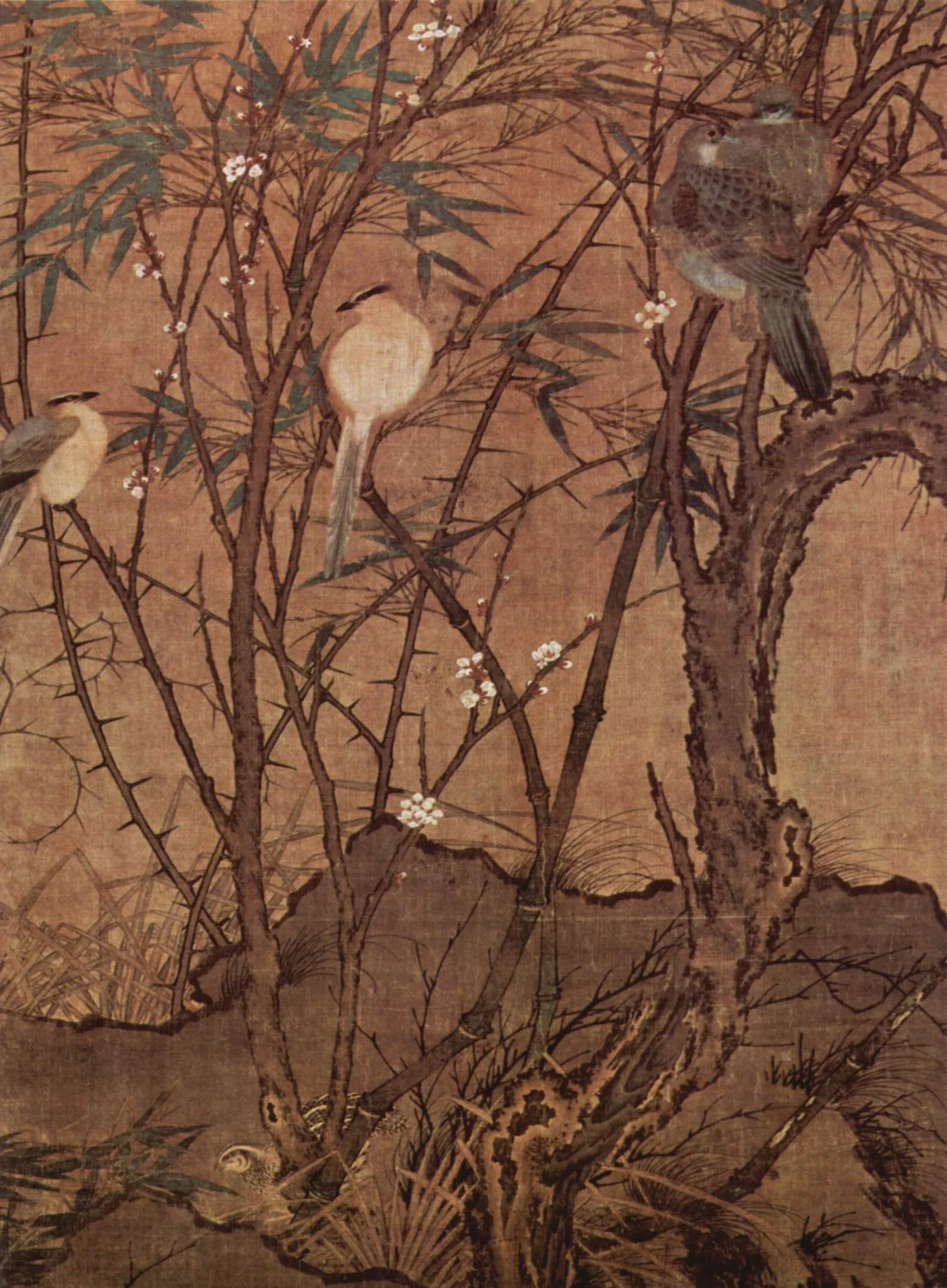 Plum Tree, Bamboo, and a Gathering of Birds