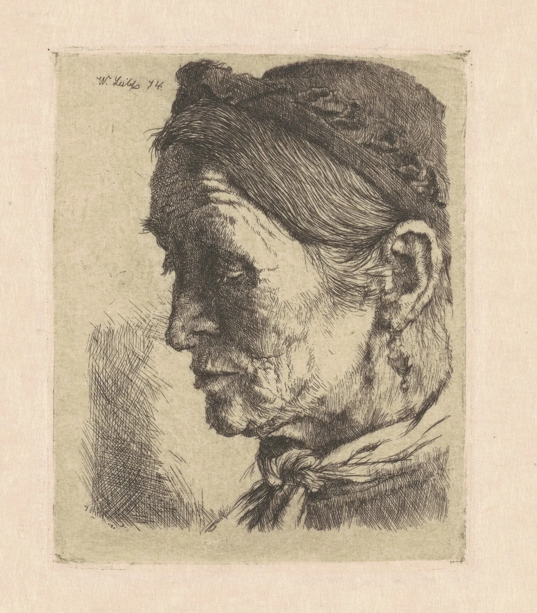 Peasant Woman with Closed Eyes, by Wilhelm Leibl, ink, 1874