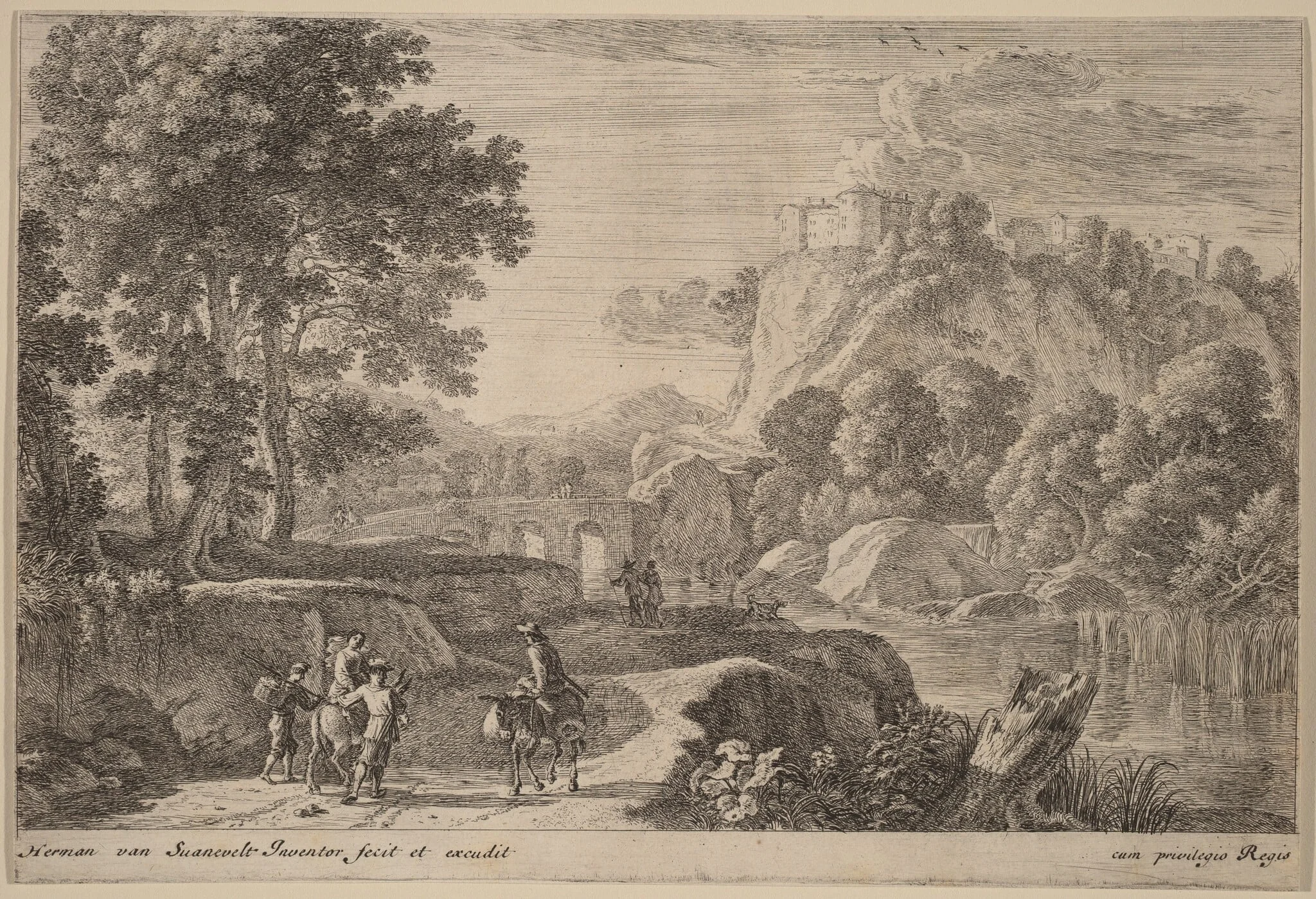Travelers on Road to Left of a Stream, by Herman van Swanevelt, ink, 1628