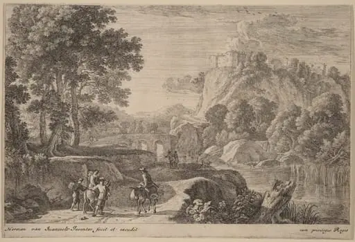 Travelers on Road to Left of a Stream