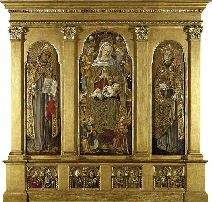 Virgin and Child Enthroned: Saint Bonaventura (left); Saint Louis of Toulouse (right) Saint Agatha and Saint Augustine, an Unidentified Female Franciscan Saint and Saint Clare of Assisi, Four Male Fra, by Vittore Crivelli, unspecified, 1495