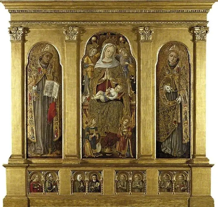 Virgin and Child Enthroned: Saint Bonaventura (left); Saint Louis of Toulouse (right) Saint Agatha and Saint Augustine, an Unidentified Female Franciscan Saint and Saint Clare of Assisi, Four Male Fra