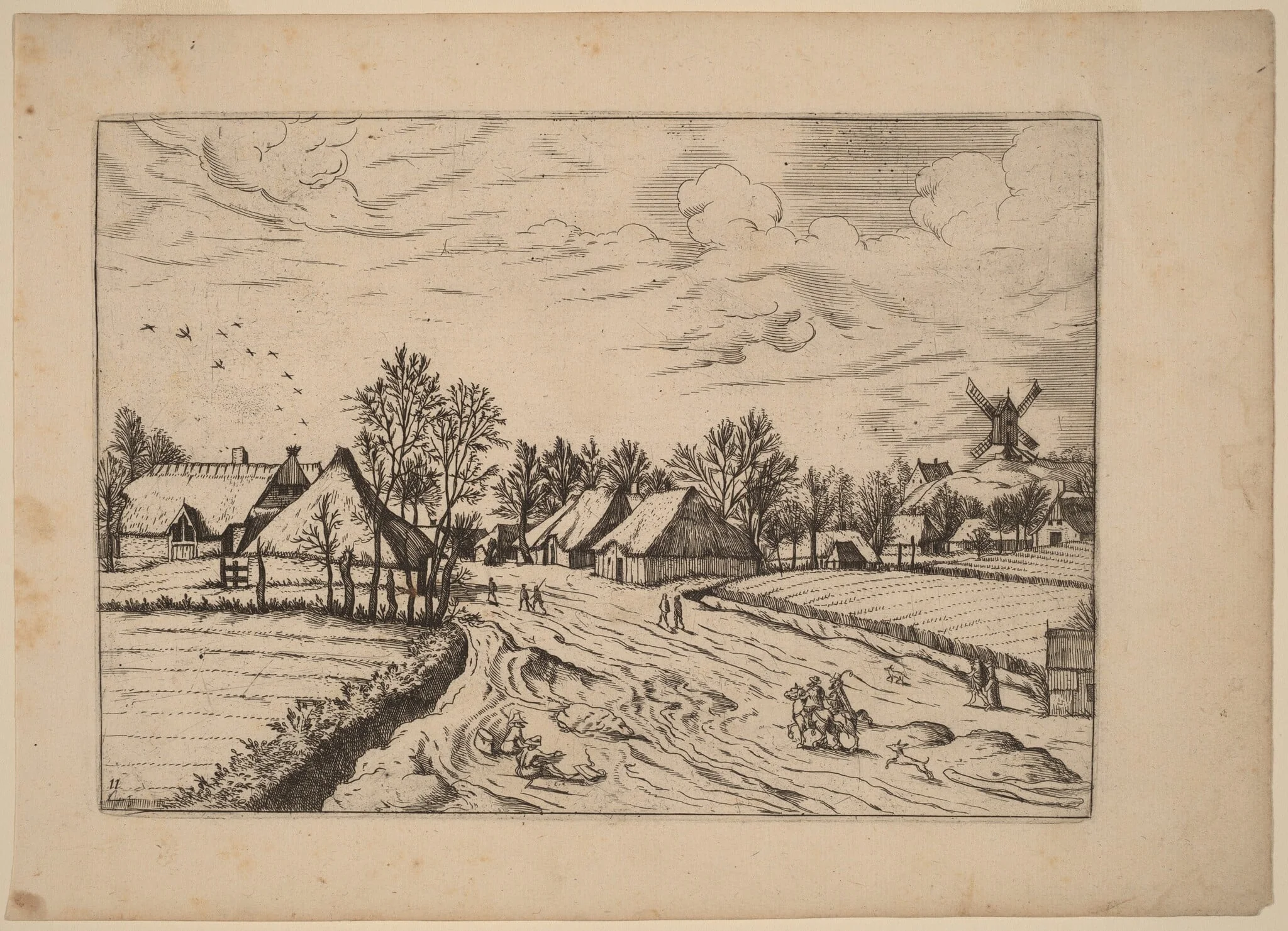 Country Village with Post Mill, by Johannes van Doetechum the Elder, ink, 1676