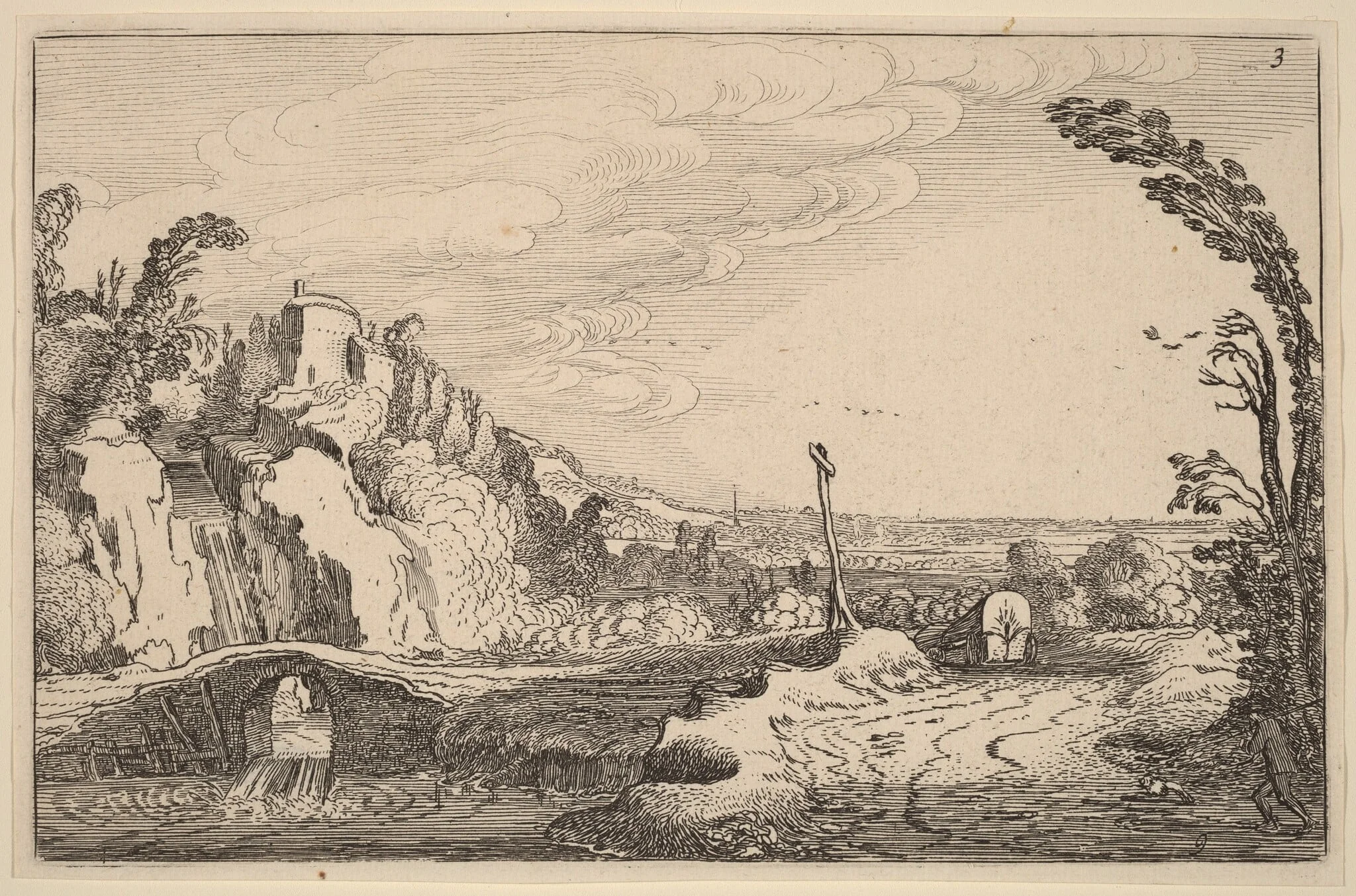 Cascade under a Stone Bridge, by Jan van de Velde, ink, 1616