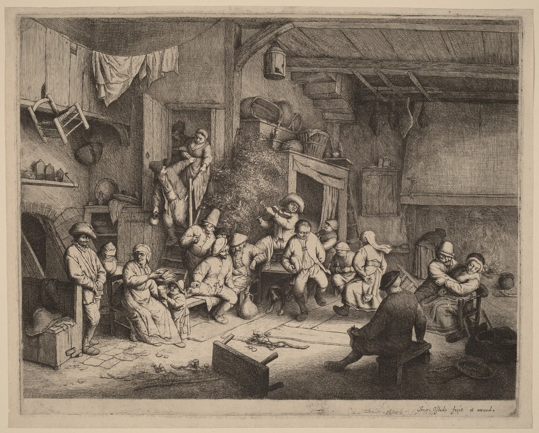 Peasants Feasting at an Inn, by Adriaen van Ostade, ink, 1652