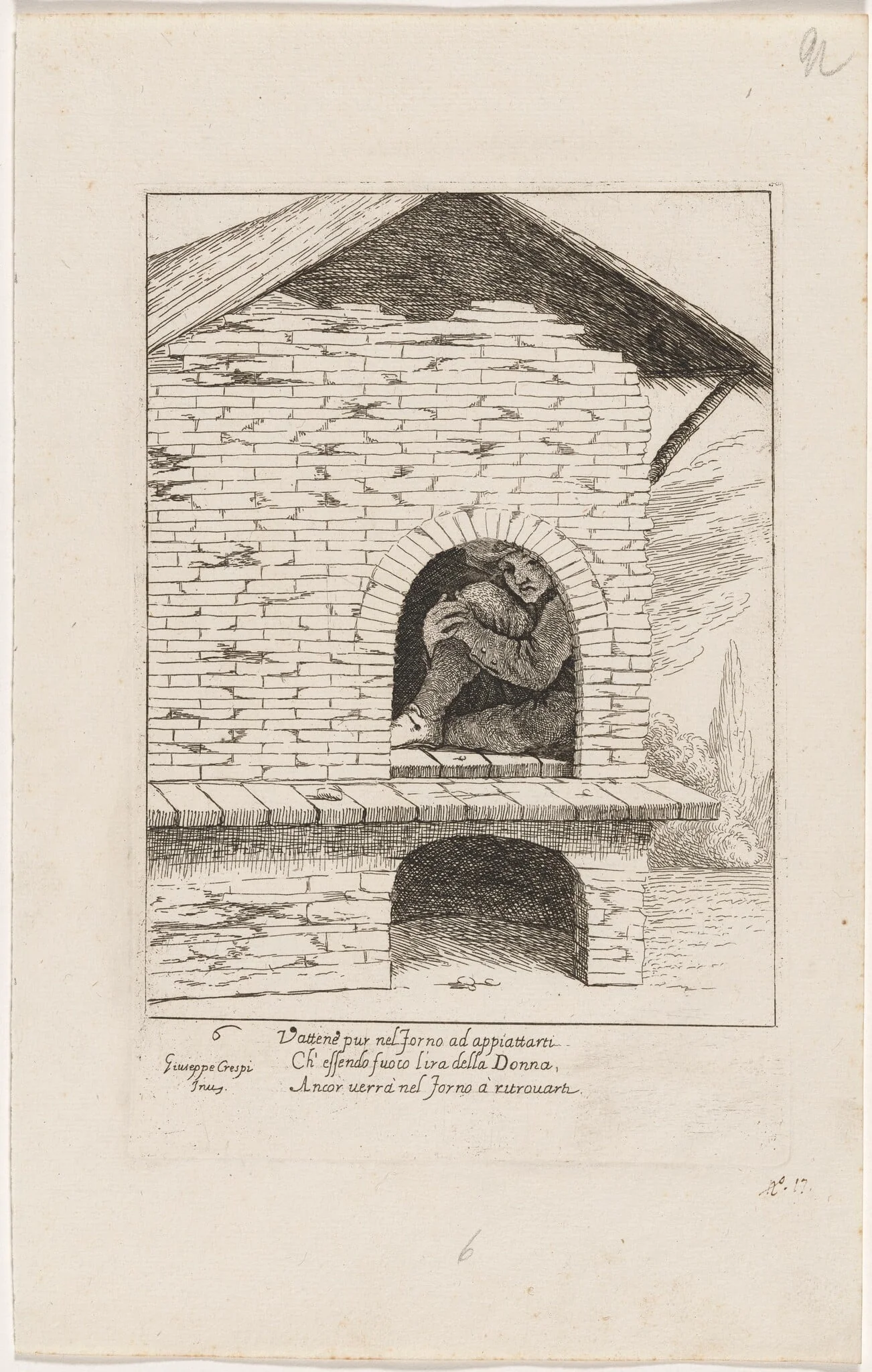 Bertoldo Hiding in a Furnace, by Giuseppe Maria Crespi, ink, 1712