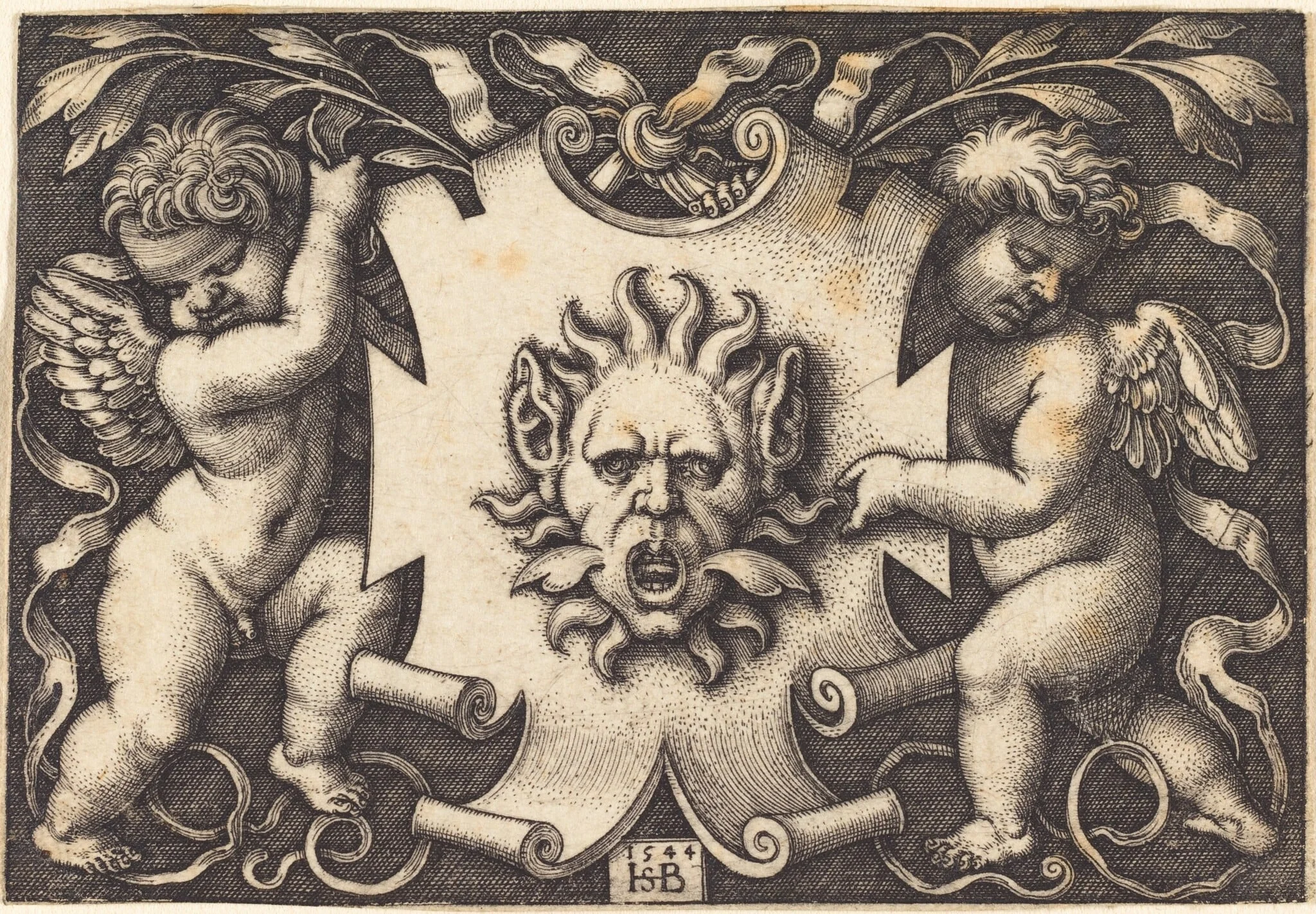 Mask Held by Two Genii, by Sebald Beham, ink, 1544
