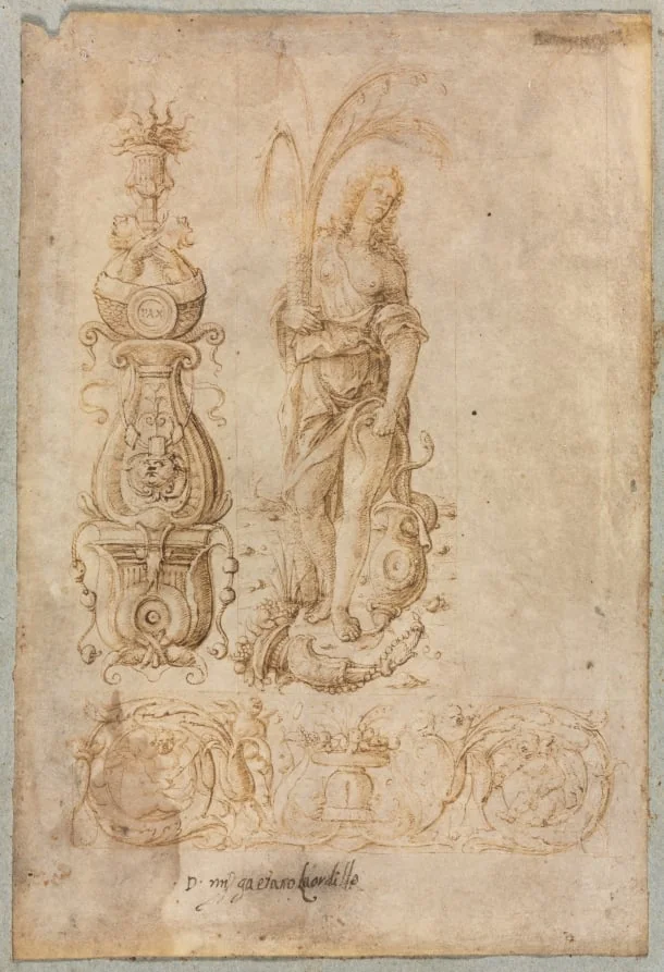 Design for a Candelabrum, Allegorical Figure of Abundance, Ornamental Relief Design, by Bernardo Parentino, 1494