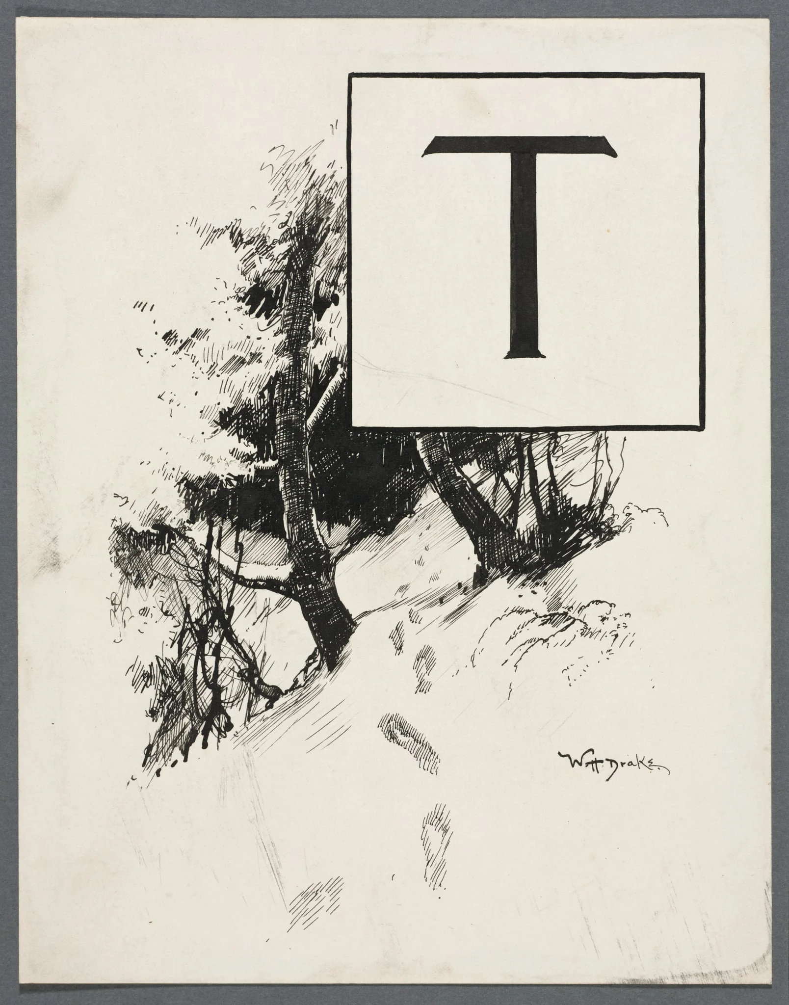 Inital T for Chapter XLIV from "Lorna Doone", by William Henry Drake, 1889
