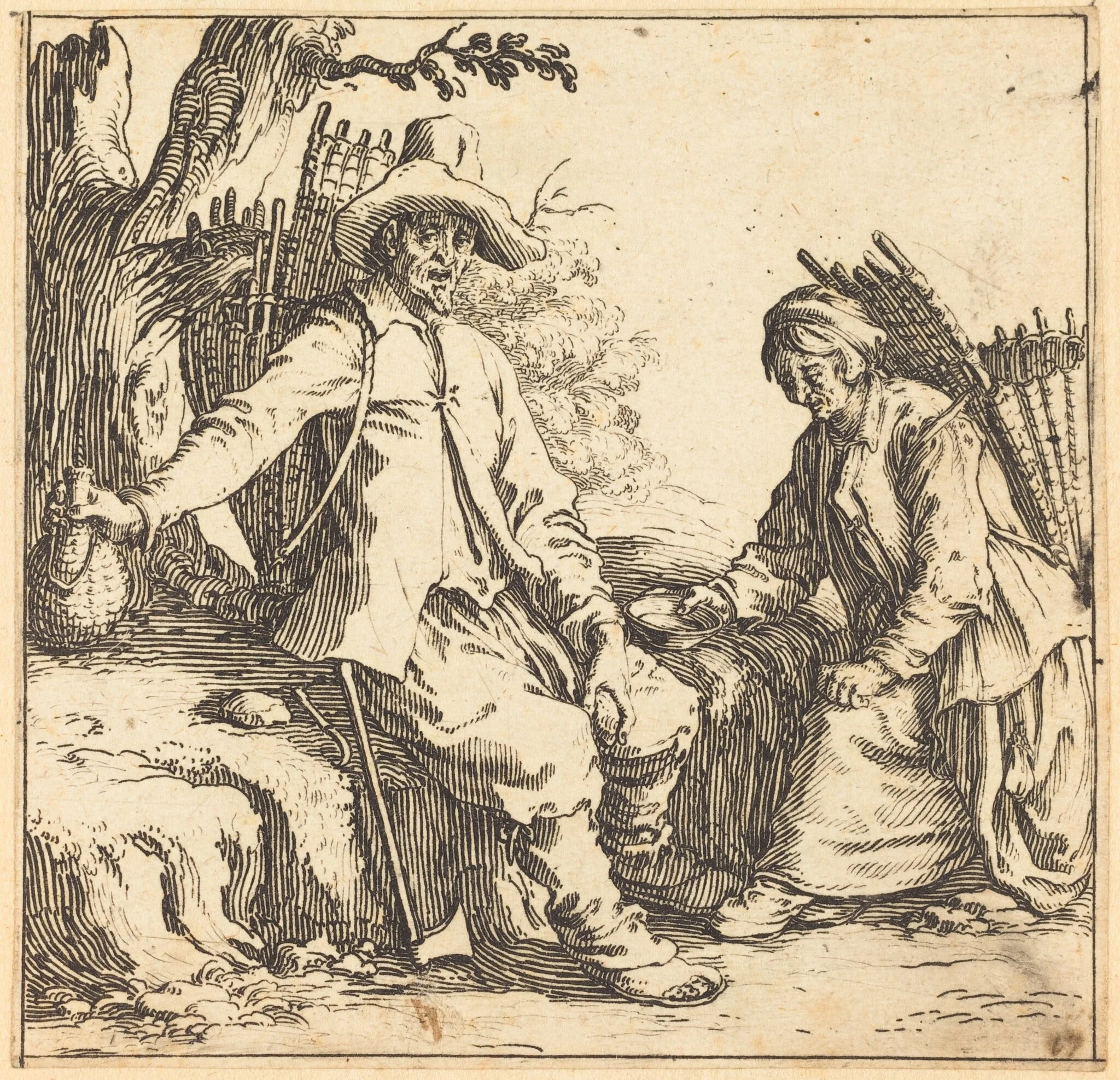 Peasant Couple at Rest, by Jacques Callot, ink, 1621