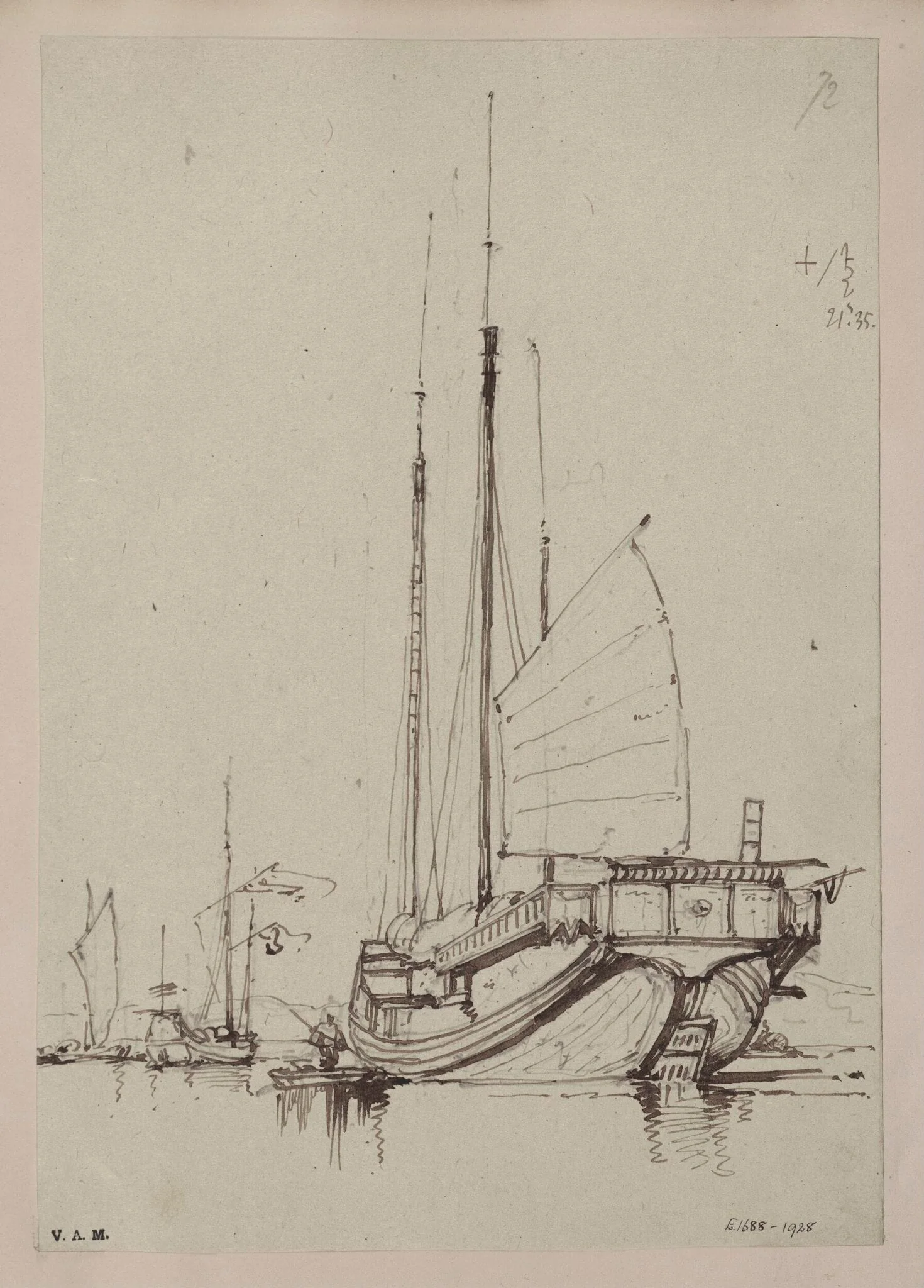 A Chinese junk with a sail partially raised, by George Chinnery, 15