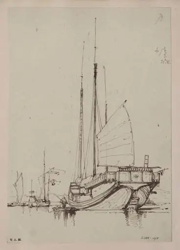 A Chinese junk with a sail partially raised