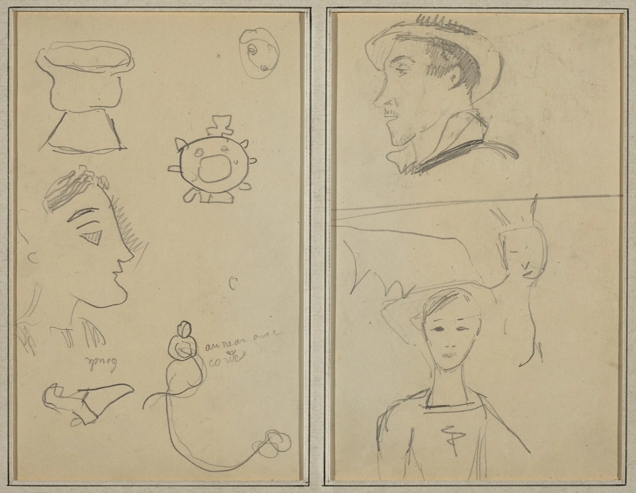 A Caricature and Five Forms; A Man in Profile, a Winged Creature and a Boy [verso], by Paul Gauguin, graphite, 1886