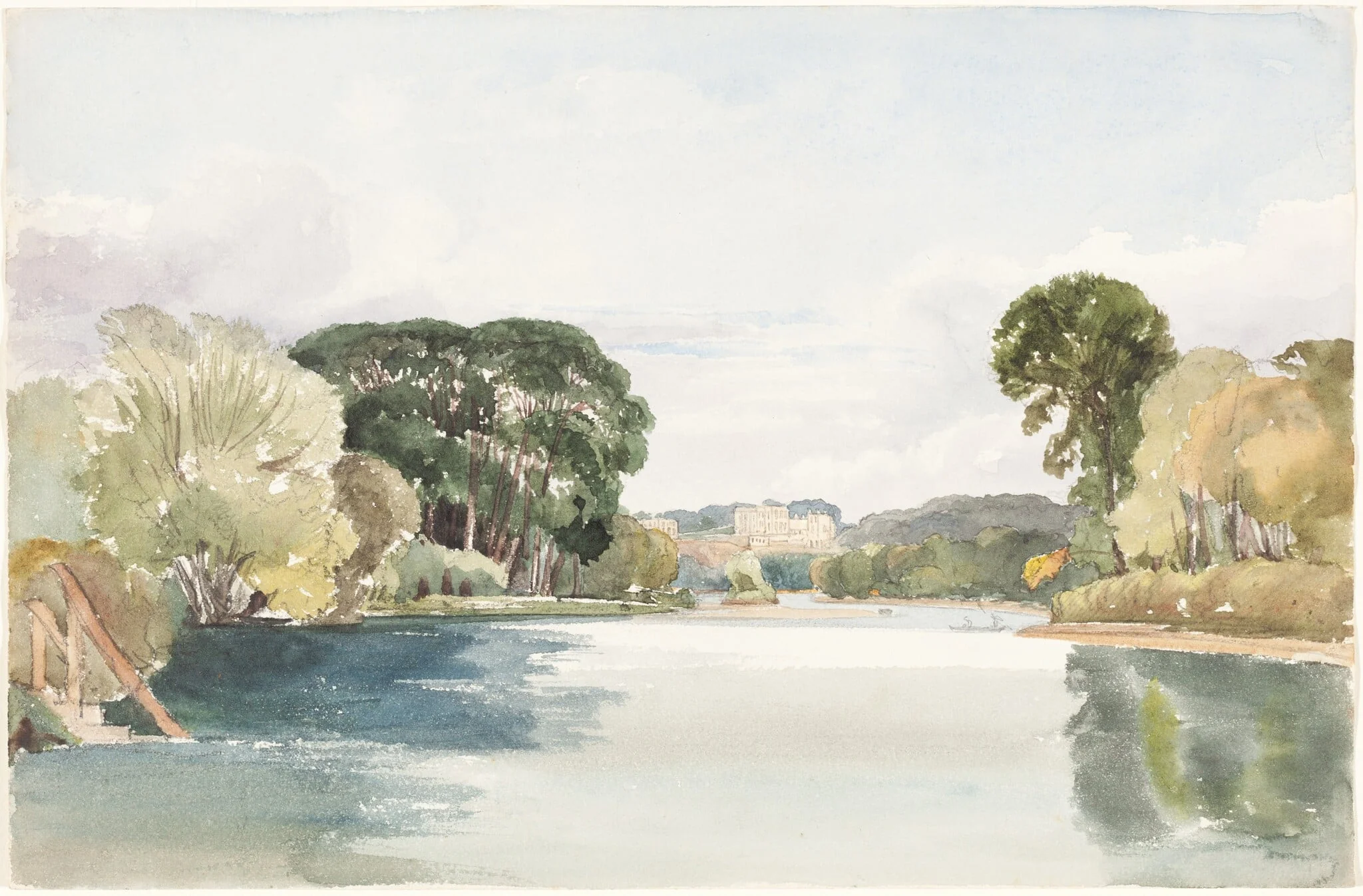 River Scene with Distant Castle, by James Bulwer, graphite, 1834