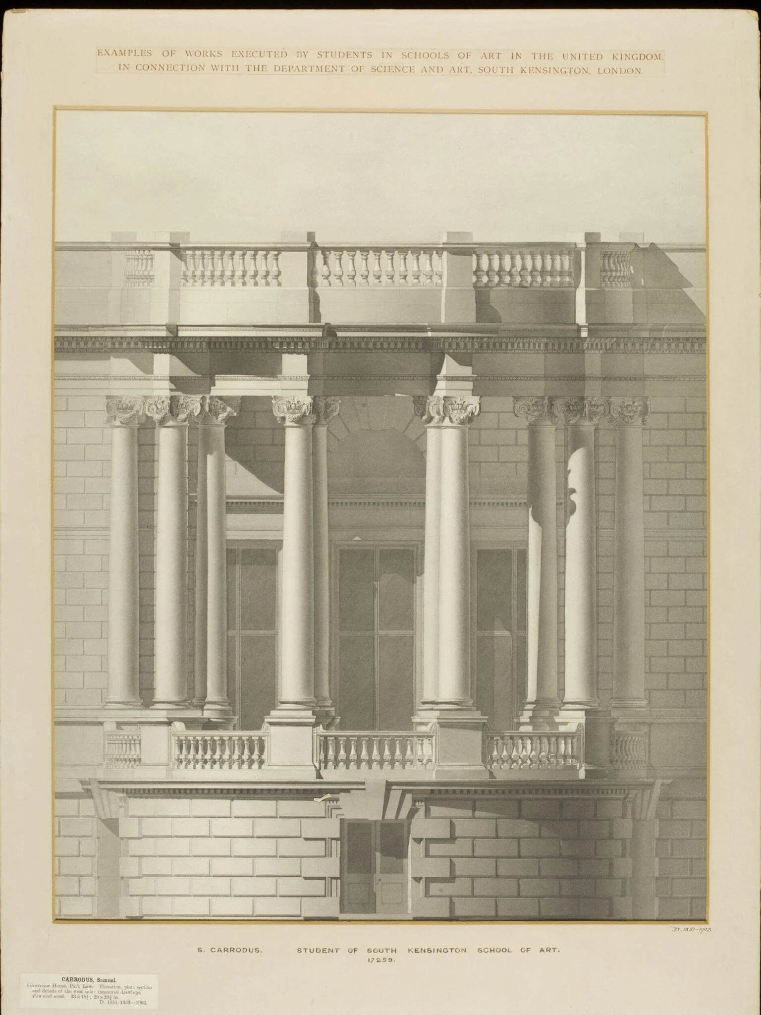 Measured elevation of the west side of Grosvenor House, by Samuel Carrodus, 1884