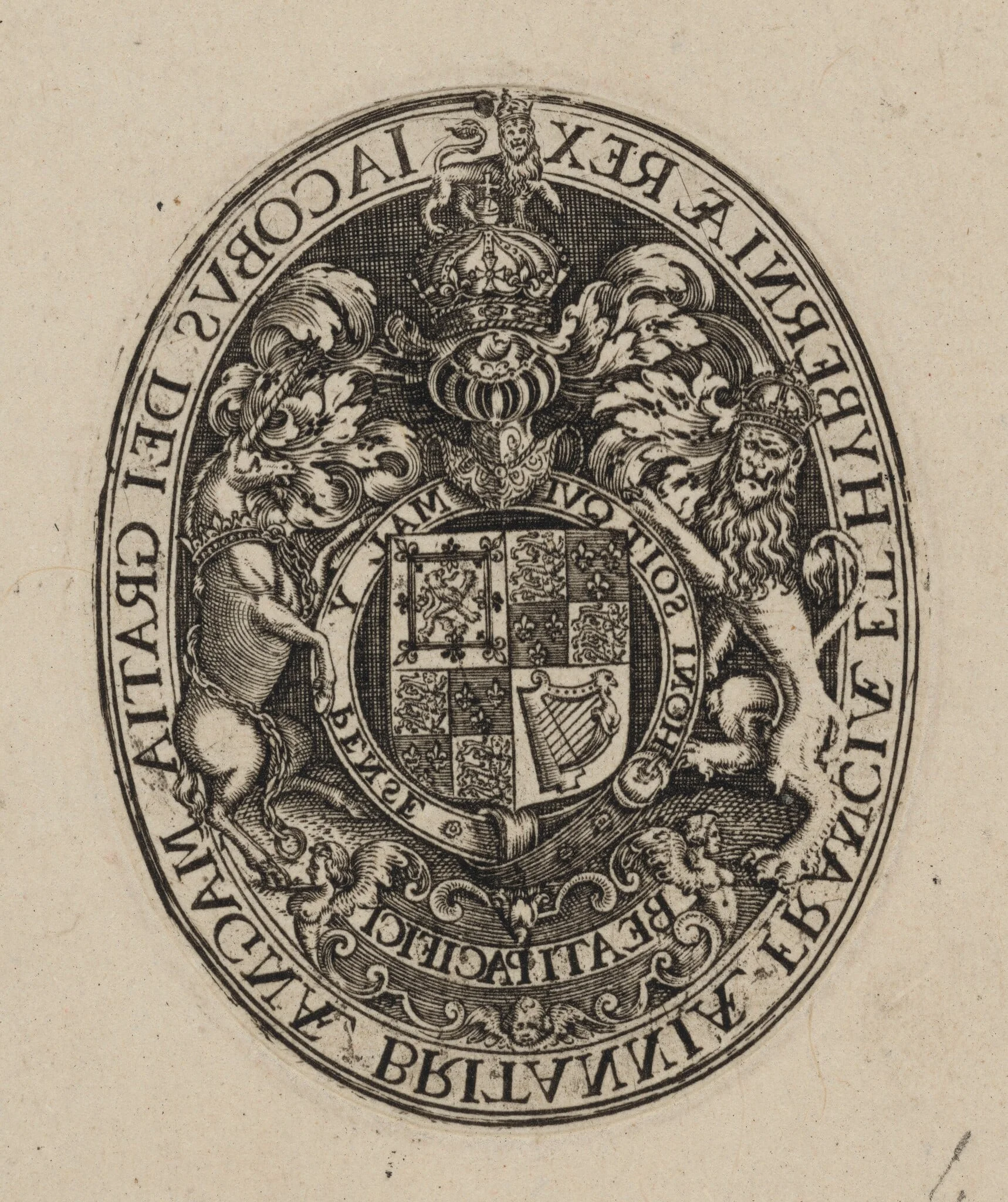 Shield of James I [bottom half], by Simon van de Passe, ink, 1621
