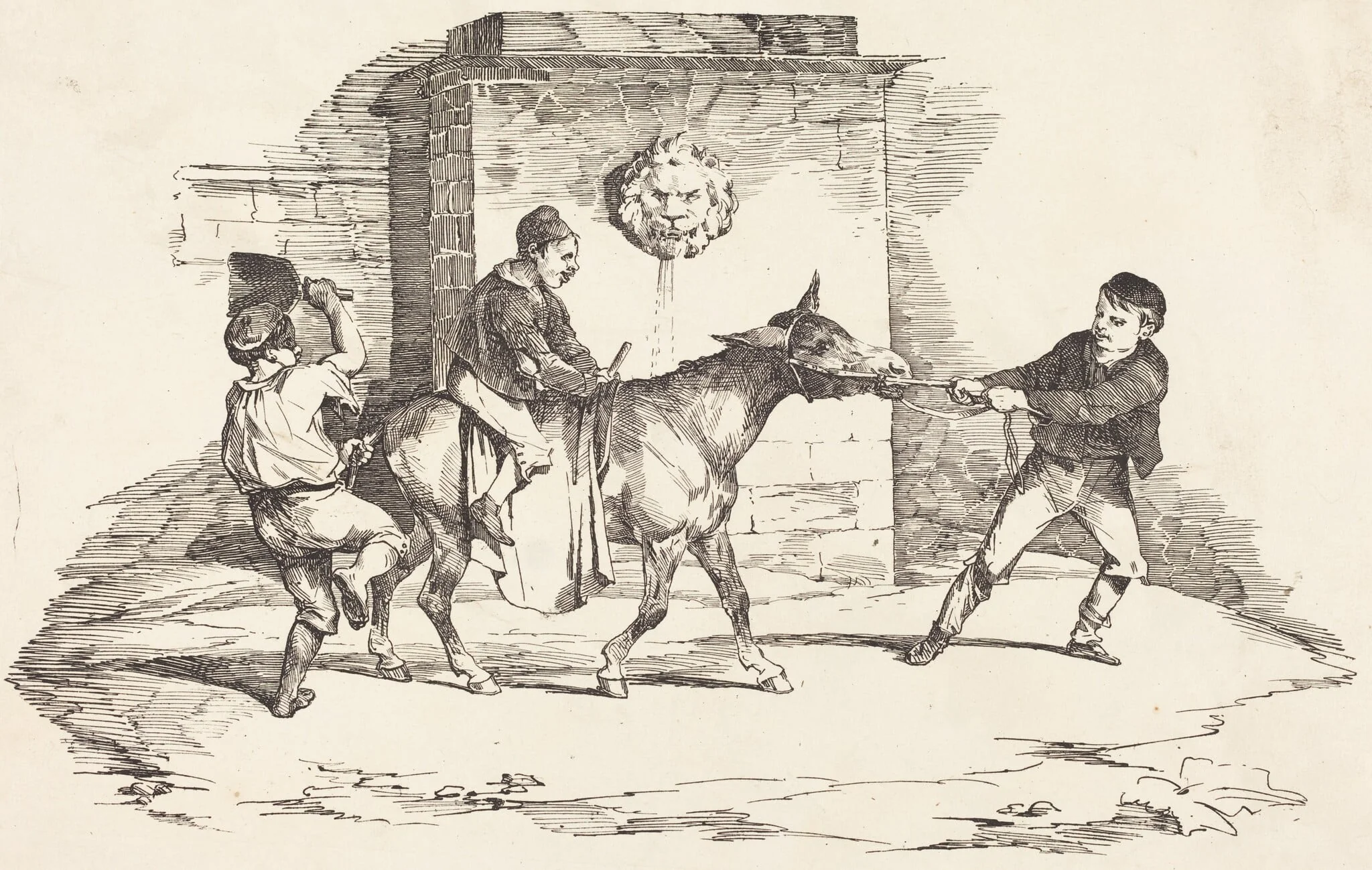 Three Children Playing with a Donkey (Trois enfants jouant avec un ane), by Théodore Géricault, ink, 1820