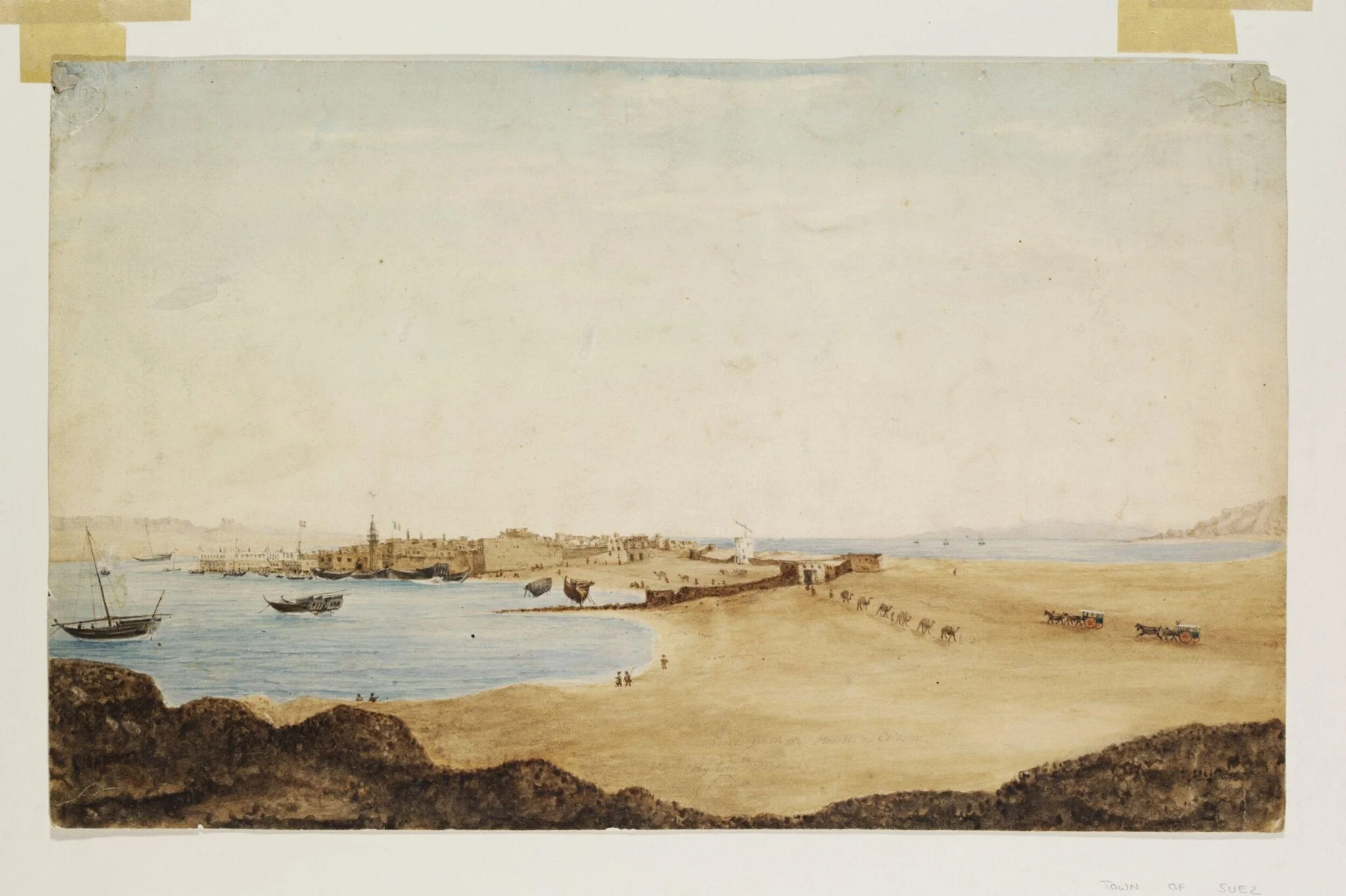 Suez from the Ruins of Colsum, by Robert Moresby, watercolor, 1845