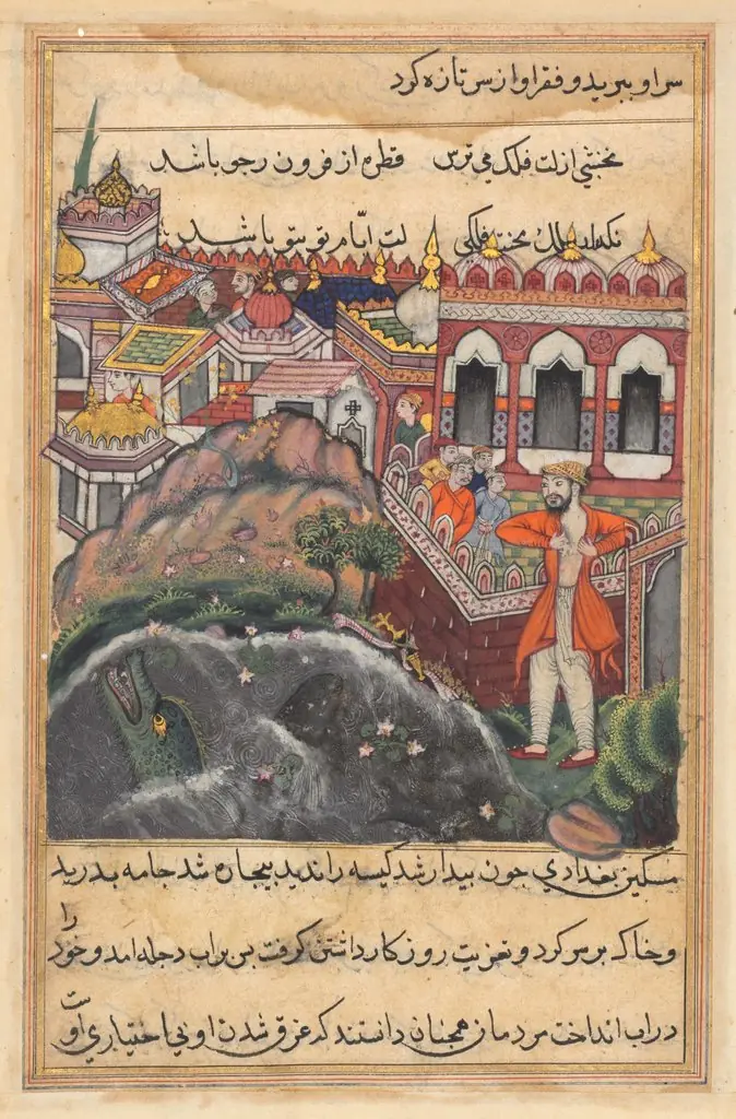 The bag of gold which he received for the slave girl being stolen in a mosque, the young man of Baghdad tears his cloths and is about to fling himself into the Tigris, from a Tuti-nama (Tales of a Parrot): Forty-eighth Night