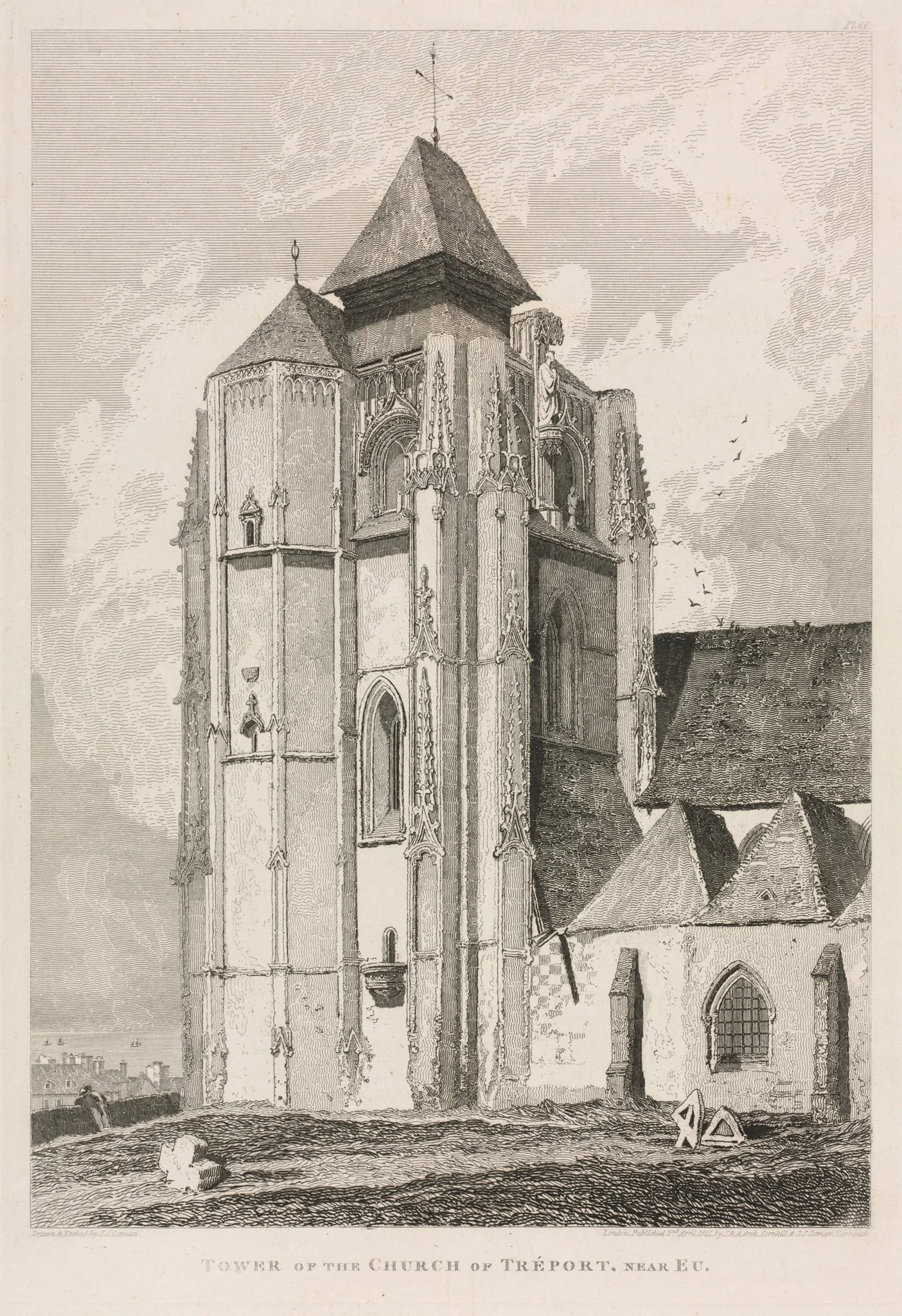 Architectural Antiquities of Normandy (Vol. II), Pl. 66:  Tower of the Church of Tréport, near Eu, by John Sell Cotman, 1821