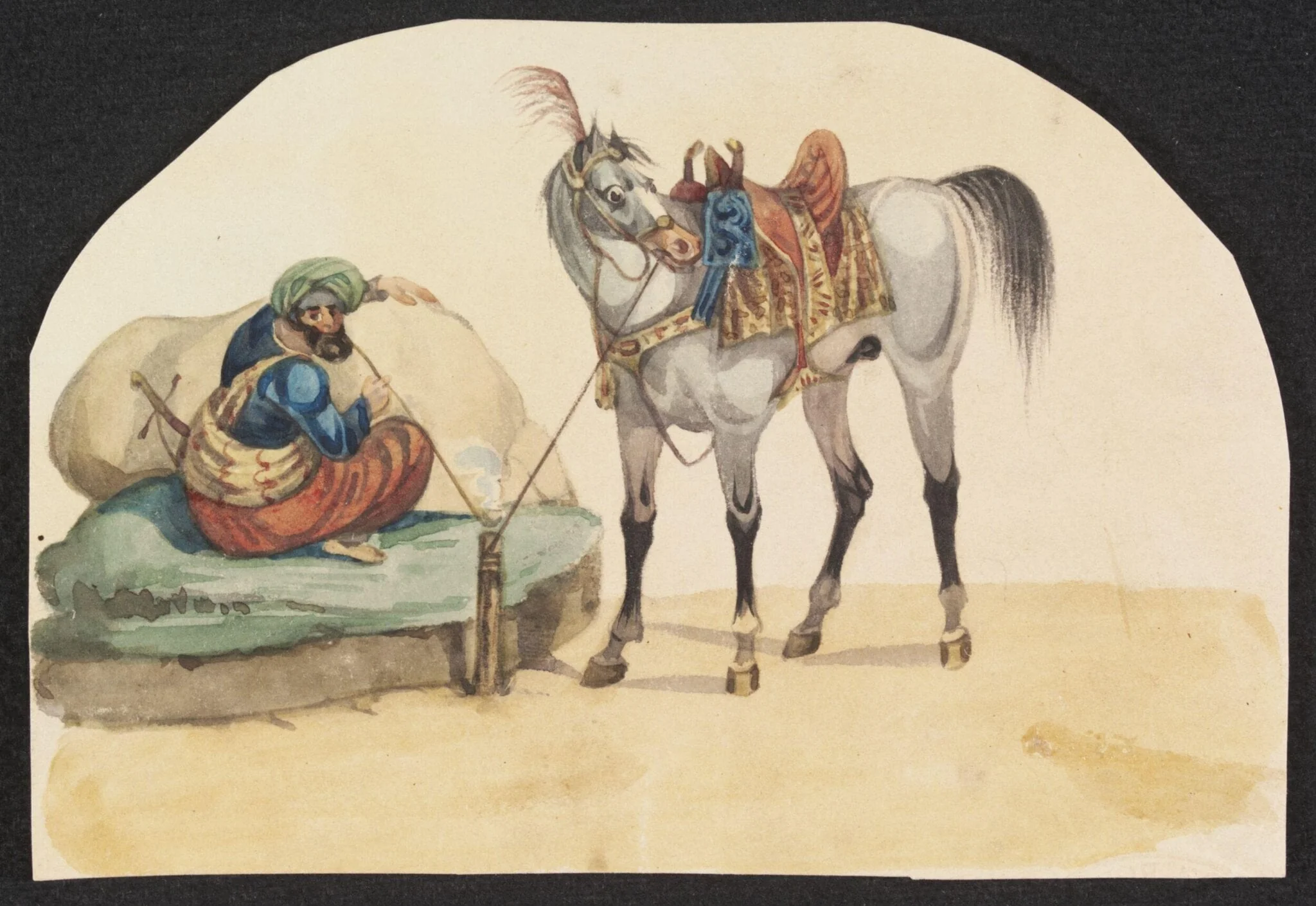 Horse and rider taking refreshments, by Unknown, watercolor, 1835