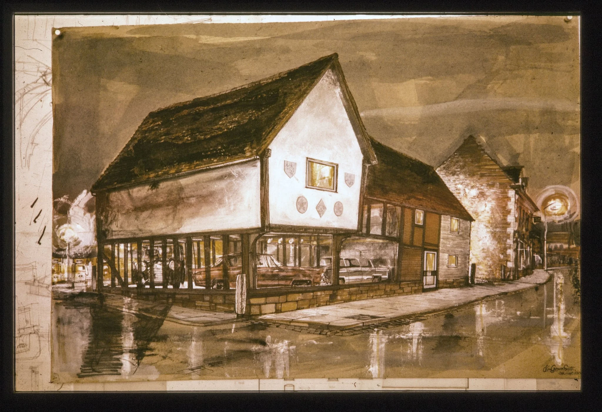 Painting of proposed conversion of Bromsgrove House to motor car showroom 1962