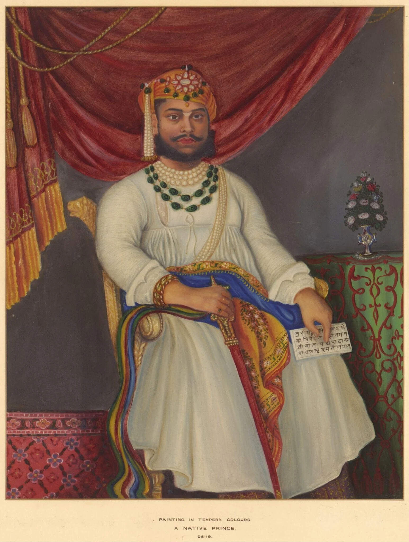 Portrait of Tukoji II, the Maharaja Holkar of Indore, seated under a looped crimson curtain., by Unknown, paint, 1870