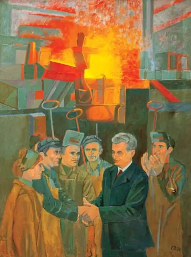 Tablou, ulei pe pânză, ”Întâlnire cu siderurgiștii”, semnat ”A„ și datat 1978 în partea dreaptă jos, atribuit lui Gh. Andrei. Nicolae Ceaușescu într-o uzină dând mâna călduros cu oamenii muncii din siderurgie, pe fundal un furnal aprins. Oferit de Consiliul Central al Sindicatelor, 23 ianuarie 1978.