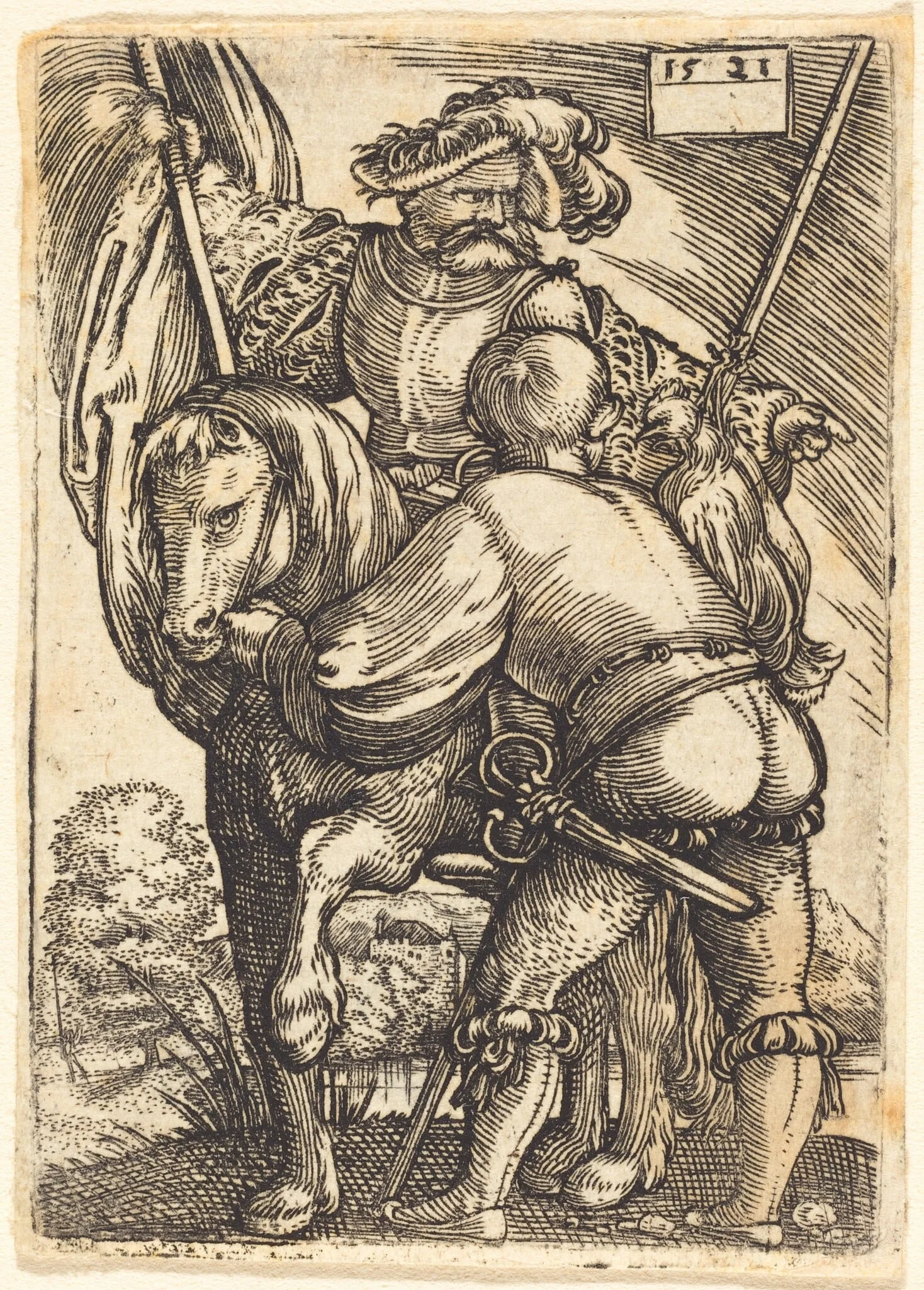 Riding Standard Bearer and Foot Soldier, by Barthel Beham, ink, 1521