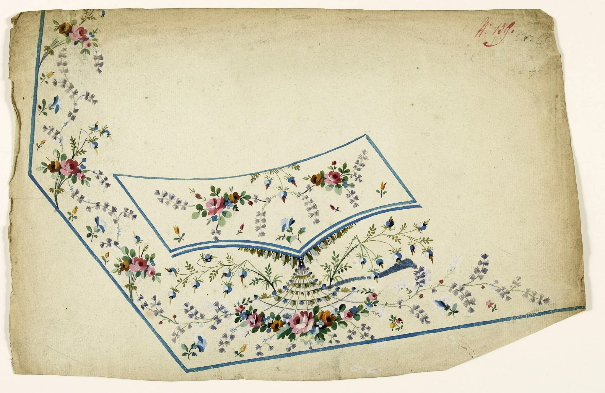 Composition à bouquet de fleurs en éventail et guirlandes de fleurs mauves, projets de broderies de gilet, XVIIIème siècle