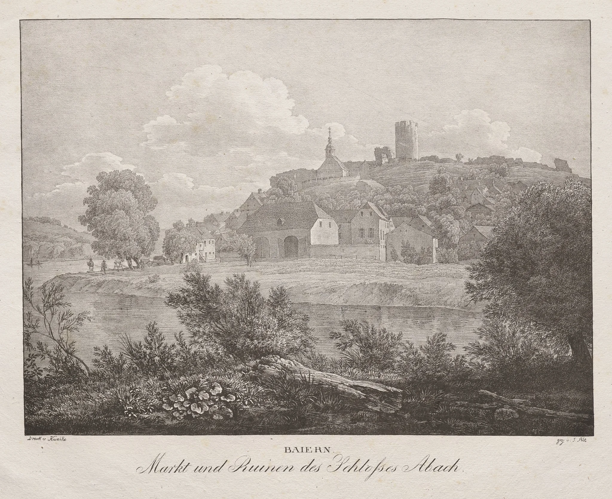Baiern, Markt und Ruinen des Schlosses Abach, by Jakob Alt, 1839