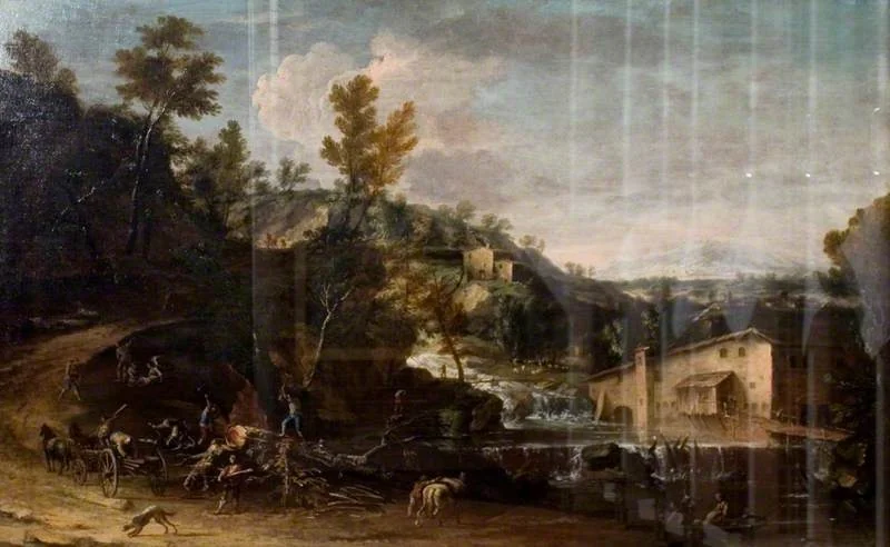 Landscape with Woodcutters, by Marco Ricci, oil, 1713