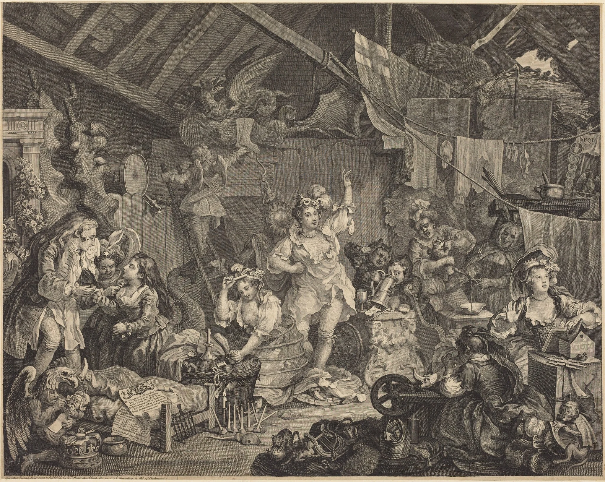 Strolling Actresses Dressing in a Barn, by William Hogarth, ink, 1738