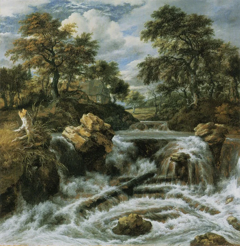 Wooded landscape with a water fall, by Jacob van Ruisdael, oil, 1660