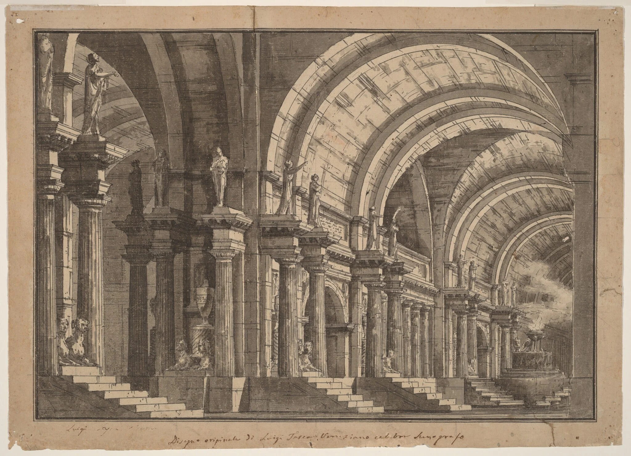 A Monumental Vaulted Hall with a Smoking Altar, by Luigi Tasca, ink, 1814