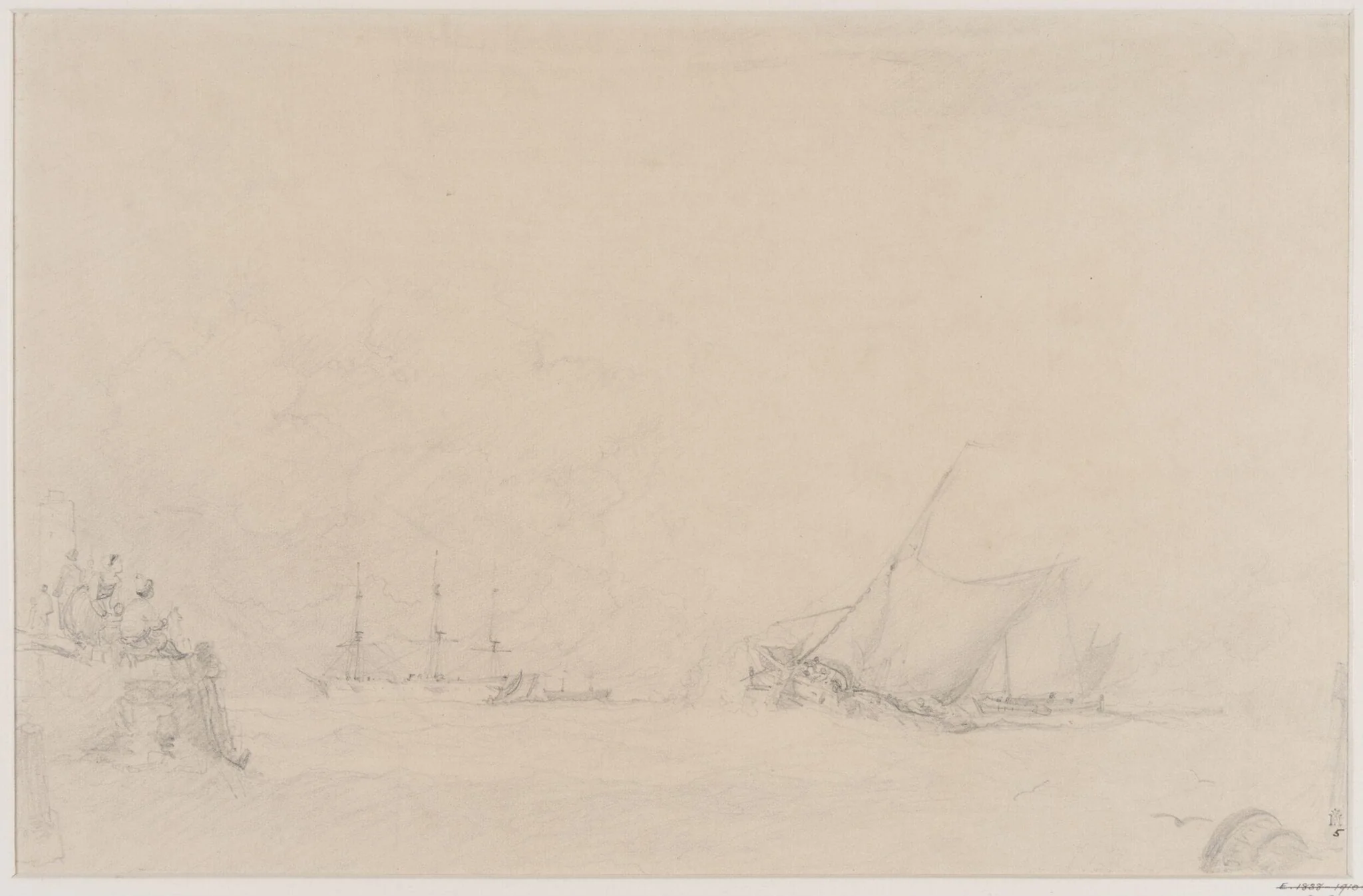 Lugger making for the mouth of a harbour, by Augustus Wall Callcott, graphite, 1850