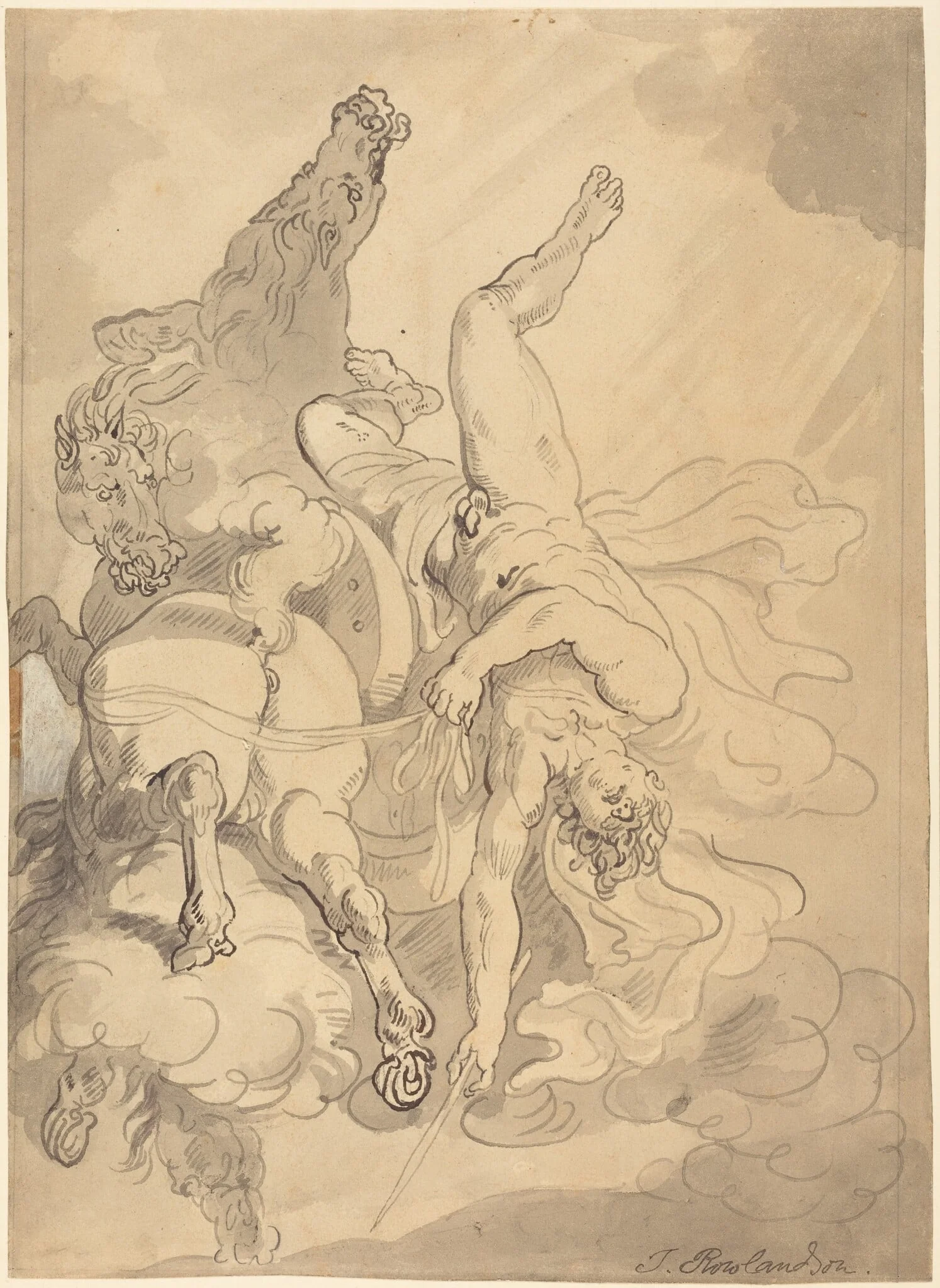 The Fall of Phaeton, by Thomas Rowlandson, ink, 1792