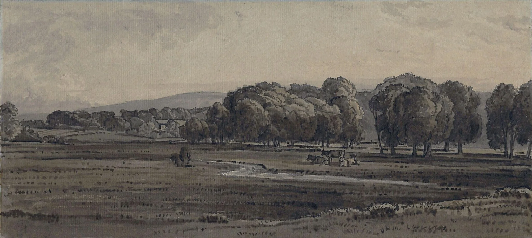 Landscape, with meadow and stream, by George Barret, Sr., watercolor, 1767