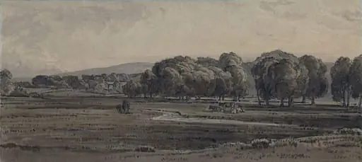 Landscape, with meadow and stream