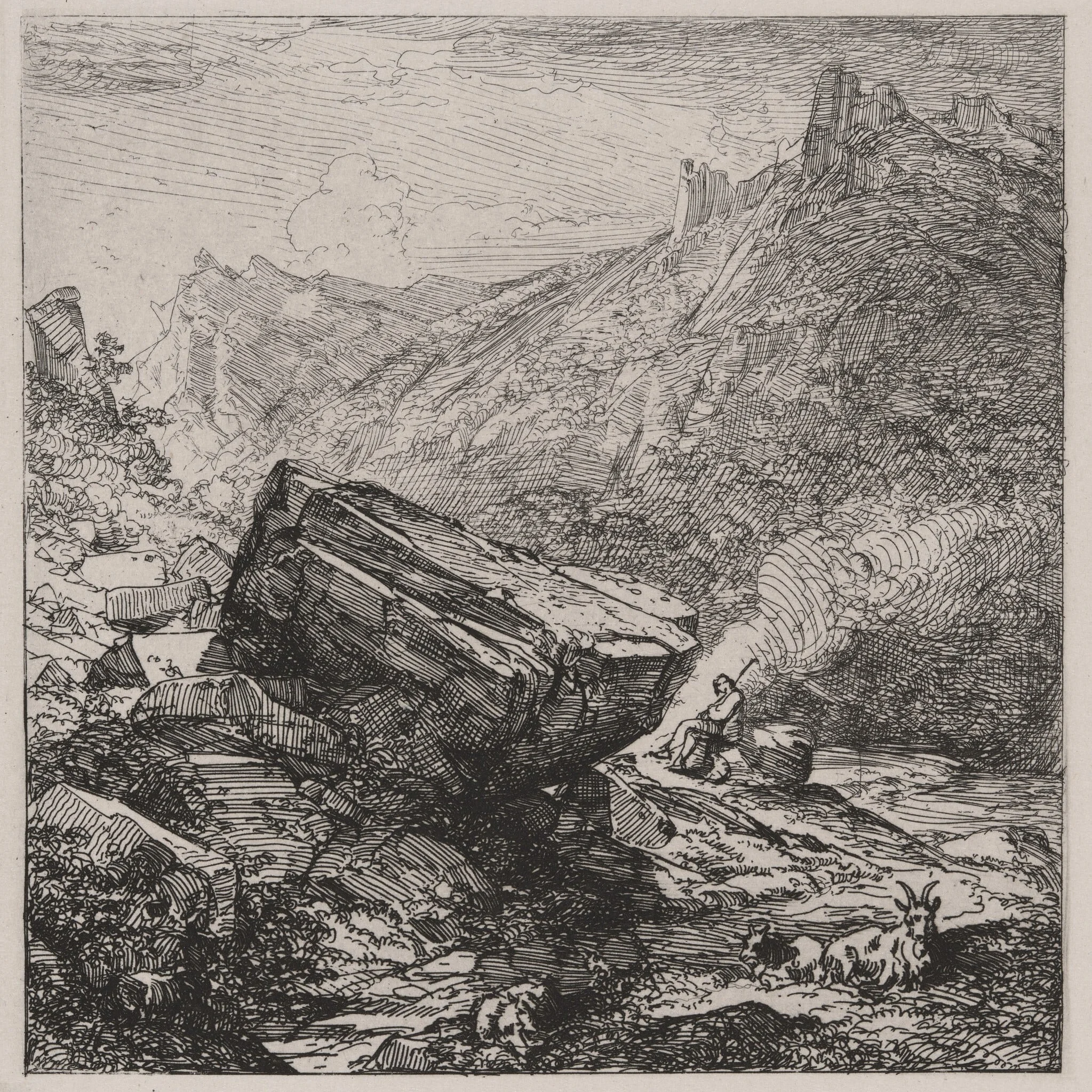 Boulder with a Shepherd and Goats, by Caspar Johann Nepomuk Scheuren, ink, 1842