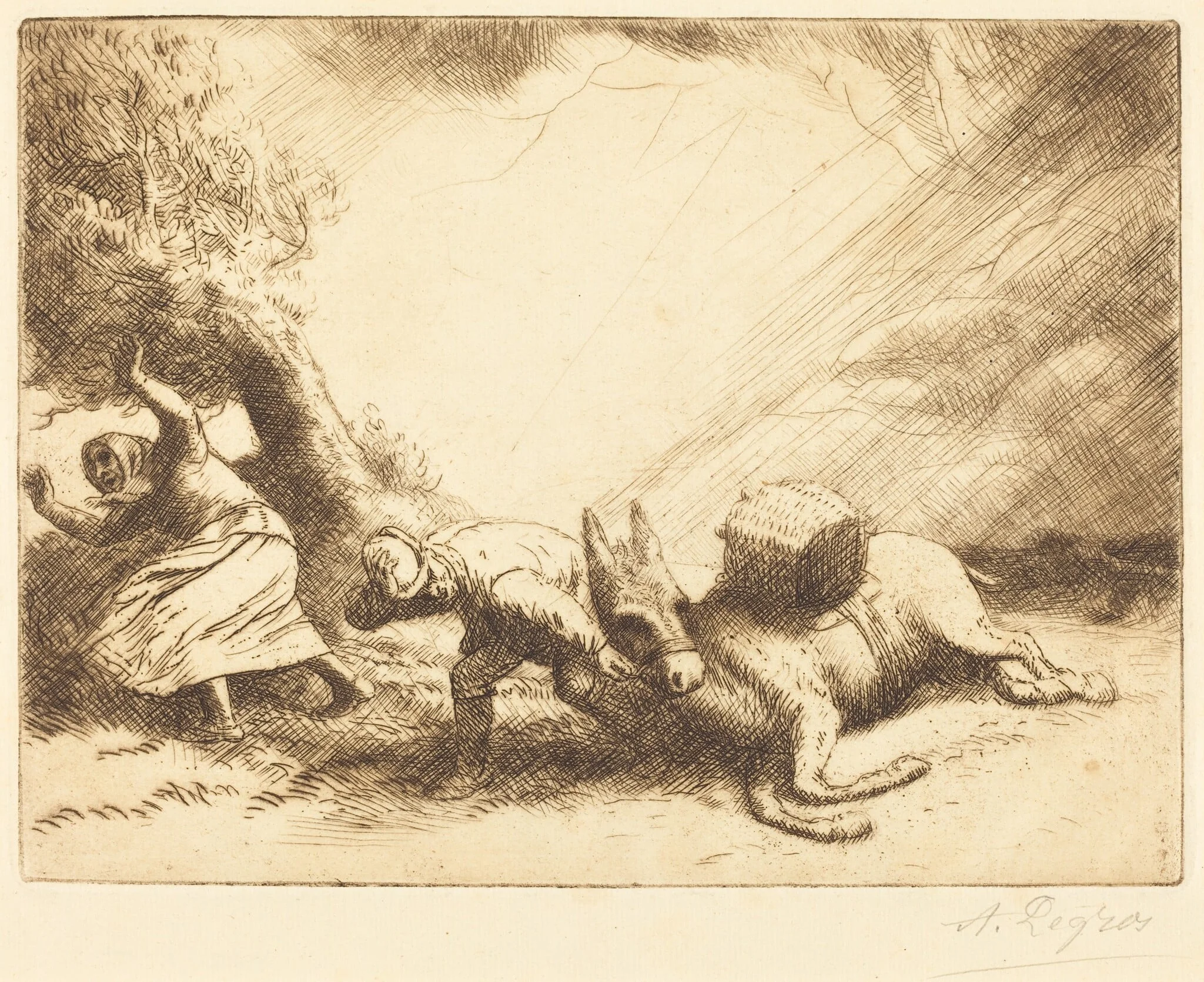 Donkey Upset by Storm (L'ane renverse par la foudre), by Alphonse Legros, ink, 1874