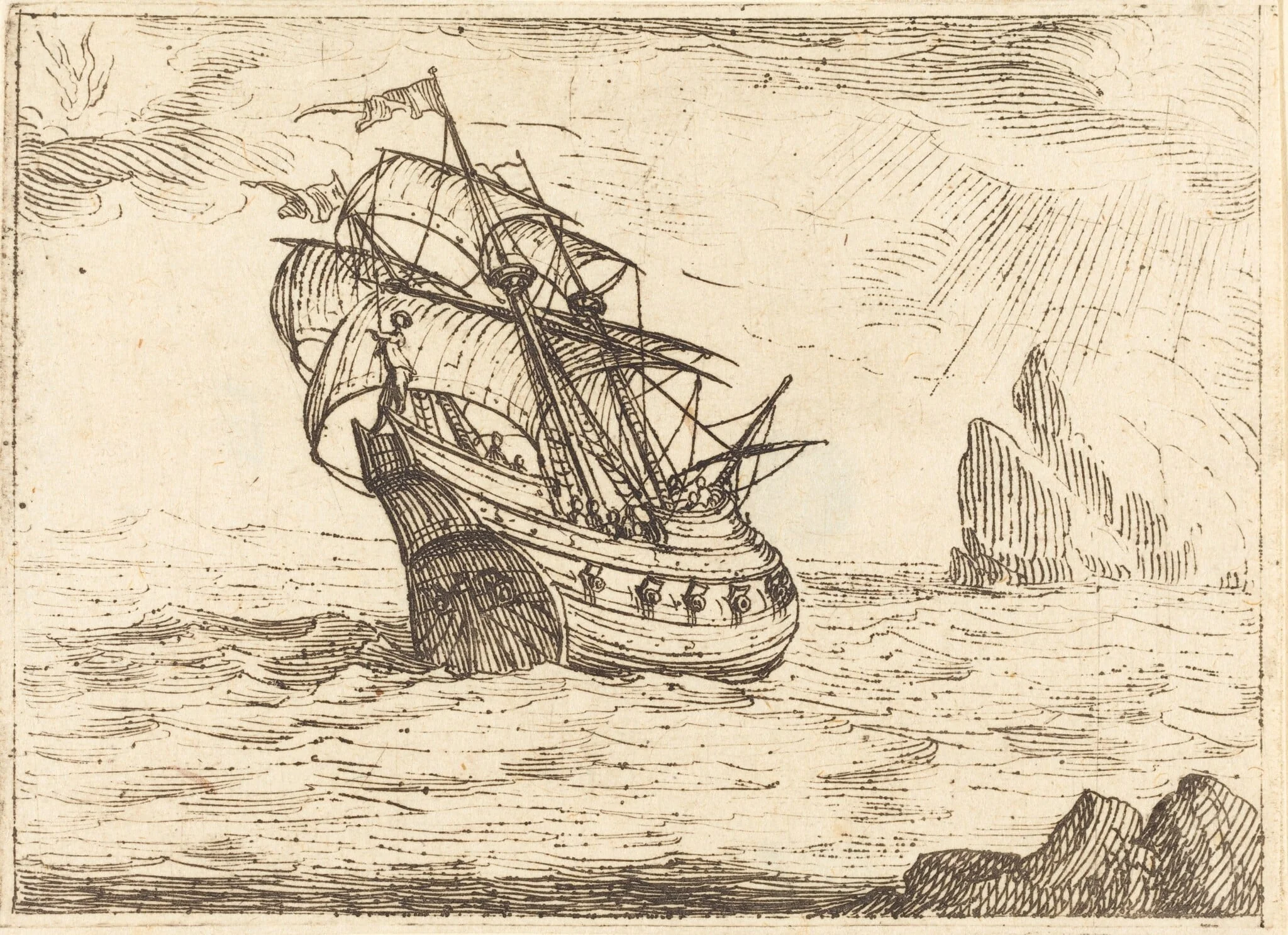 Ship Navigating Near Rocks