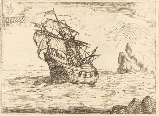 Ship Navigating Near Rocks