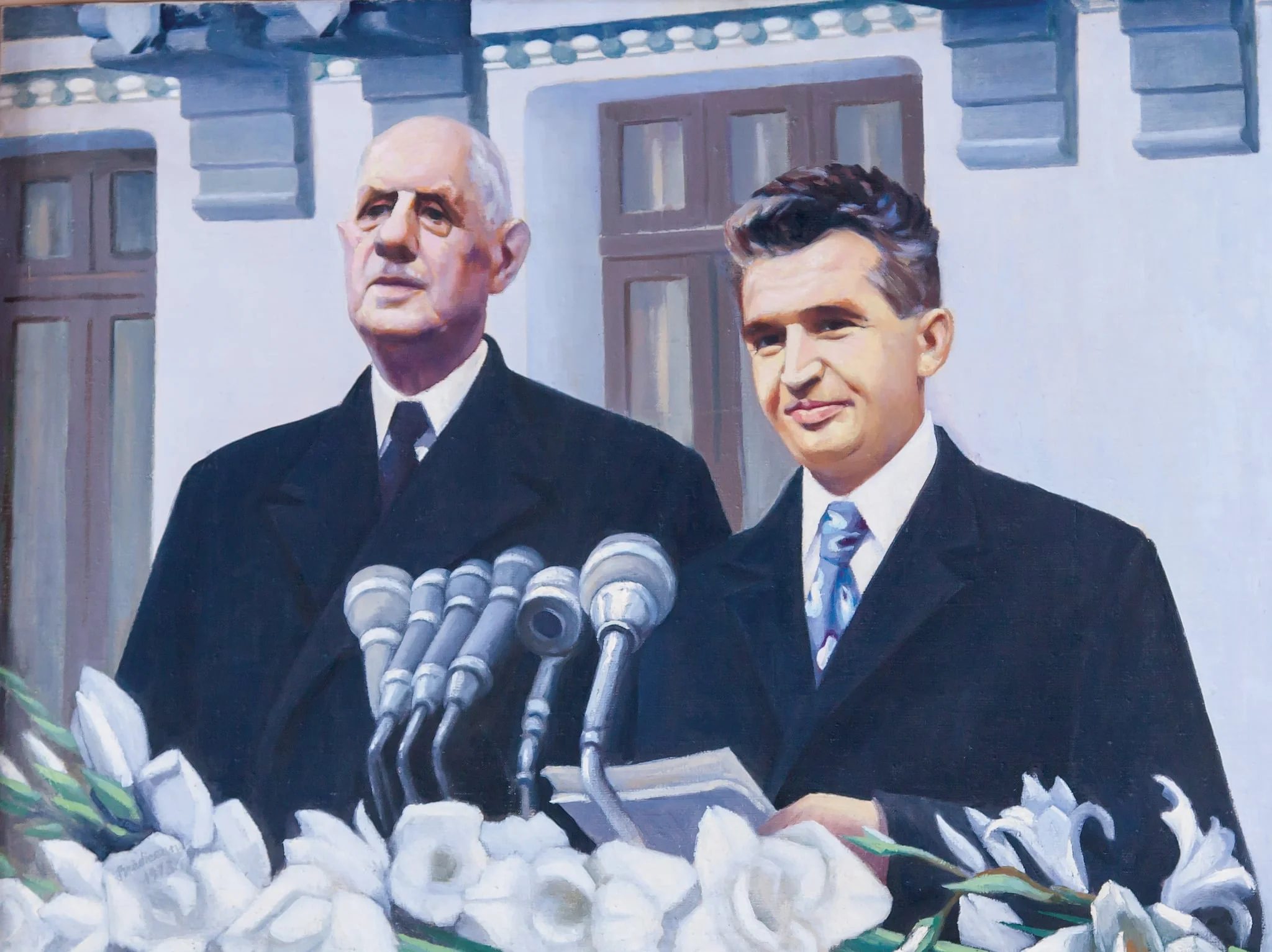 Tablou, ulei pe pânză, Nicolae Ceaușescu și Charles de Gaulle la o adunare populară în Piața Unirii din Craiova, nesemnat, nedatat. Tablou realizat în urma vizitei generalului du Gaulle în România din mai 1968. A fost prima vizită a unui conducător de stat din Occident în România după 1945. Oferit lui Nicolae Ceaușescu în 1973., by Unknown, 1850
