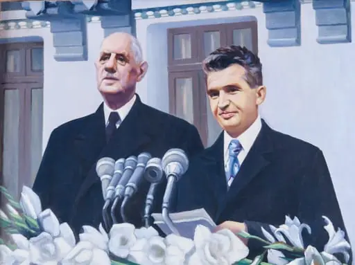 Tablou, ulei pe pânză, Nicolae Ceaușescu și Charles de Gaulle la o adunare populară în Piața Unirii din Craiova, nesemnat, nedatat. Tablou realizat în urma vizitei generalului du Gaulle în România din mai 1968. A fost prima vizită a unui conducător de stat din Occident în România după 1945. Oferit lui Nicolae Ceaușescu în 1973.