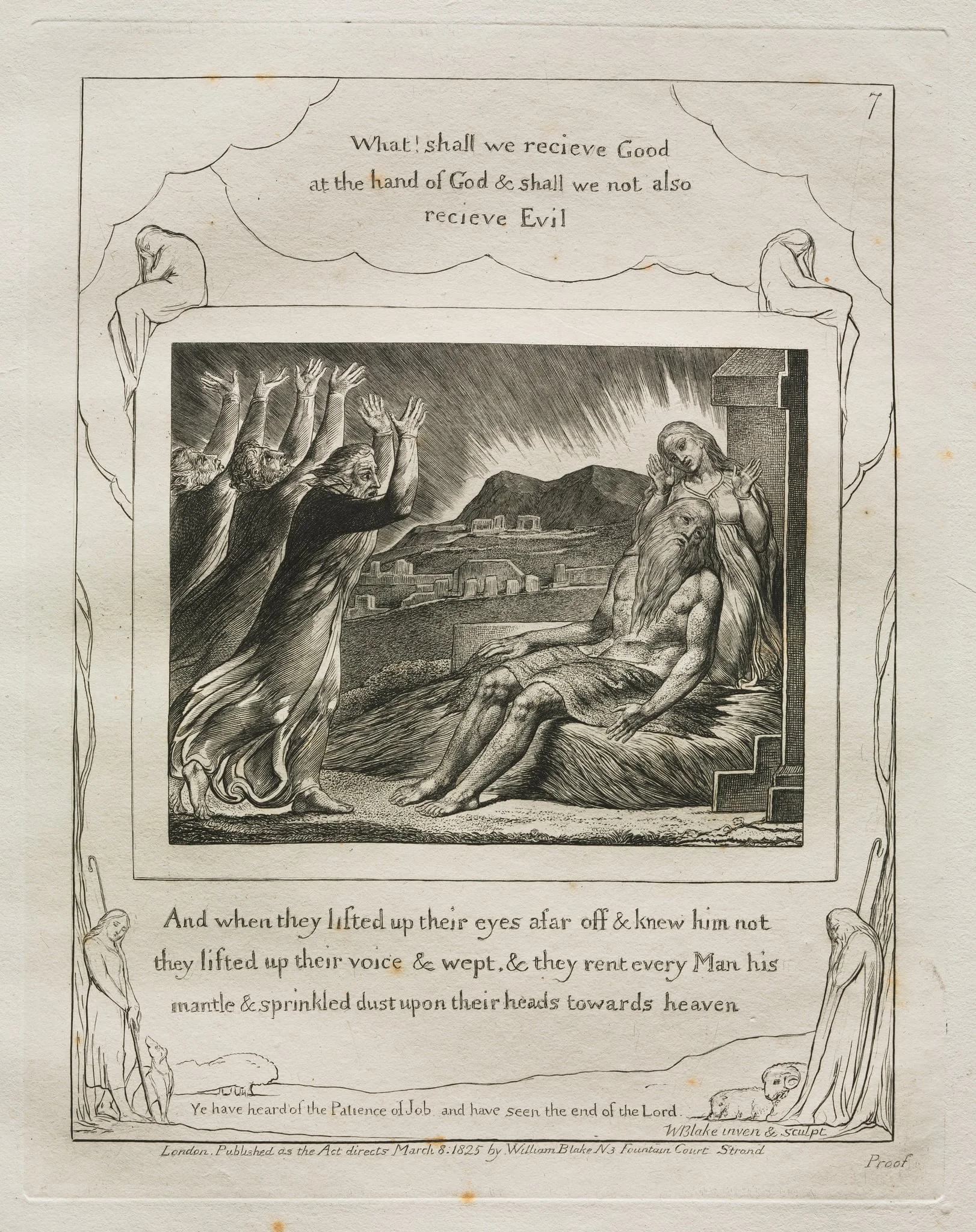 The Book of Job:  Pl. 7, And when they lifted up their eyes afar off and knew him not, by William Blake, 1825