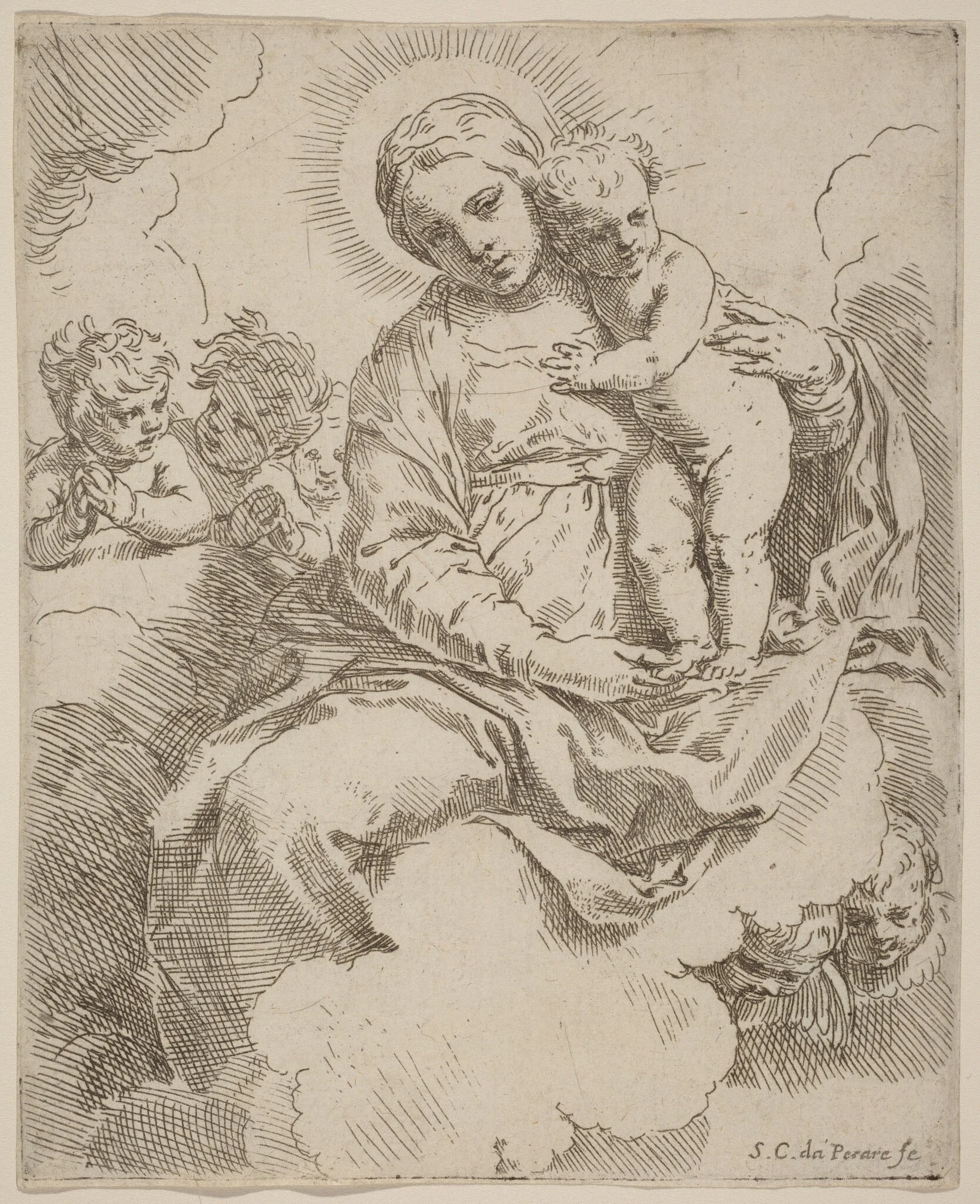 The Virgin and Child, by Simone Cantarini, ink, 1630