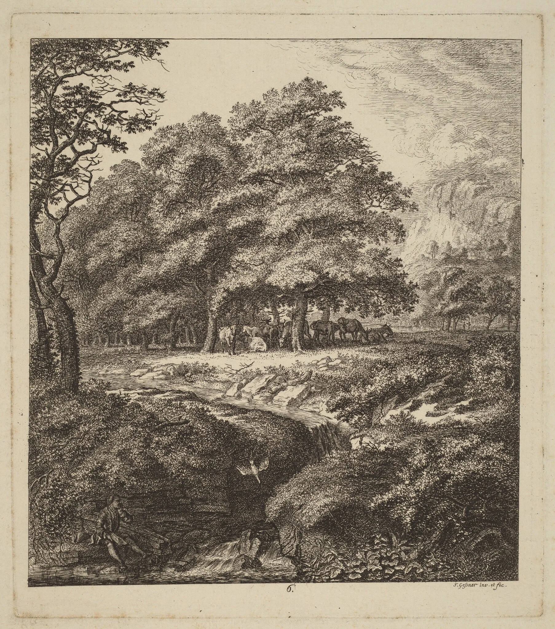 Cattle Resting in a Grove with a Man Seated beside a Brook, by Salomon Gessner, ink, 1764