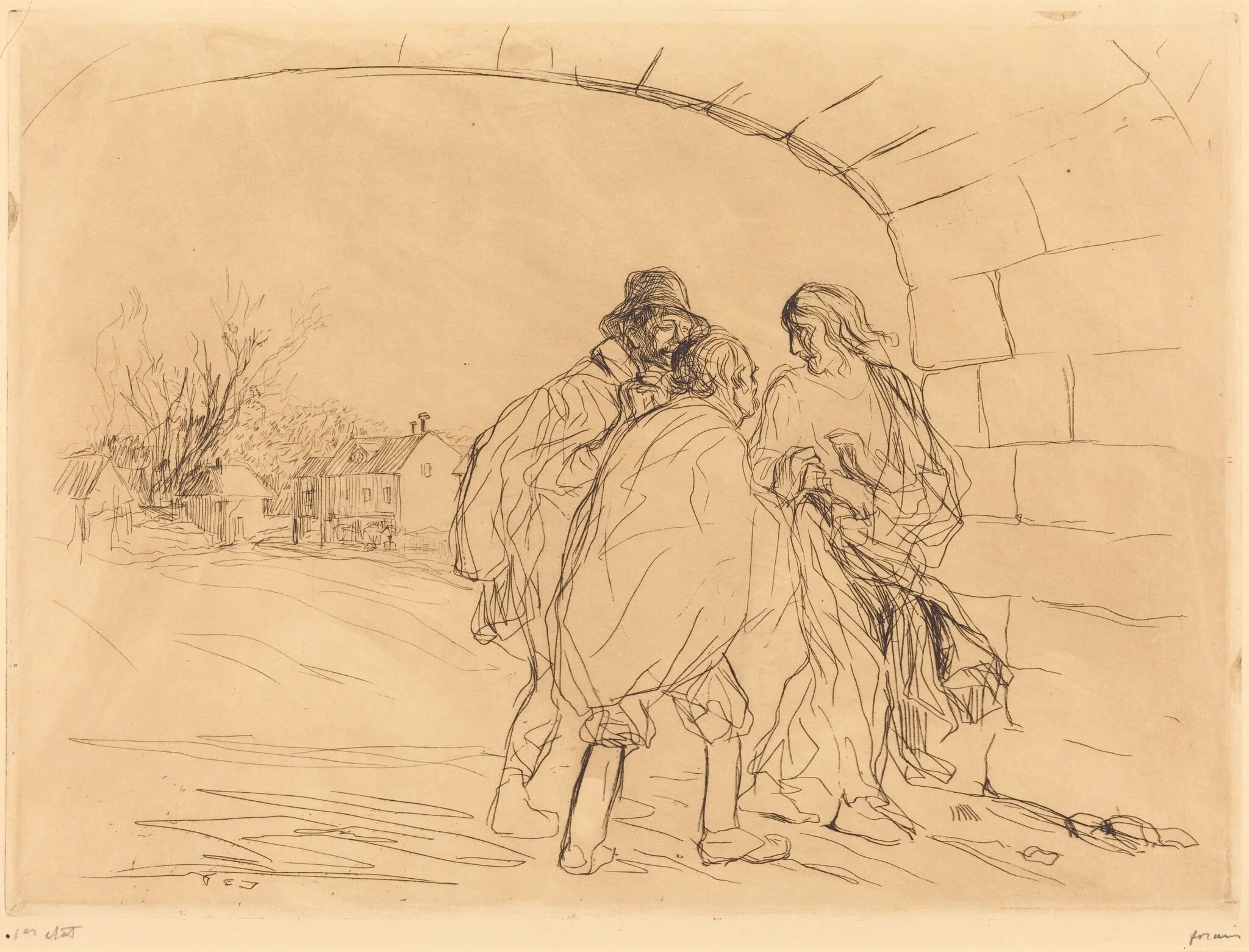 La rencontre sous la voute (1ère planche) (The Meeting under the Arch) (first plate), by Jean-Louis Forain, ink, 1910